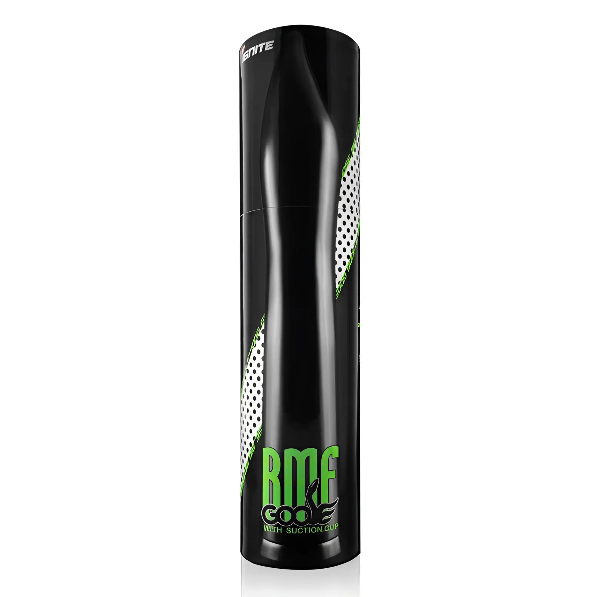 Black cylindrical can with green and white polka dot accents featuring rmf code branding for si novelties goose exxtreme bmf suction black
