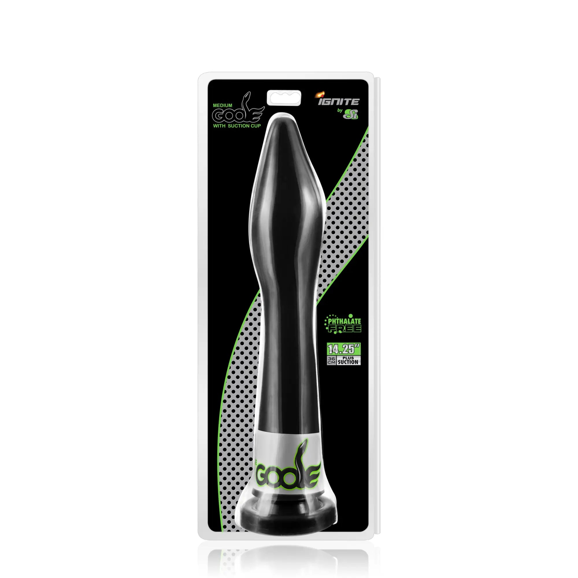 Black glossy plastic adult toy with suction cup base and green branding si novelties goose medium w suction black