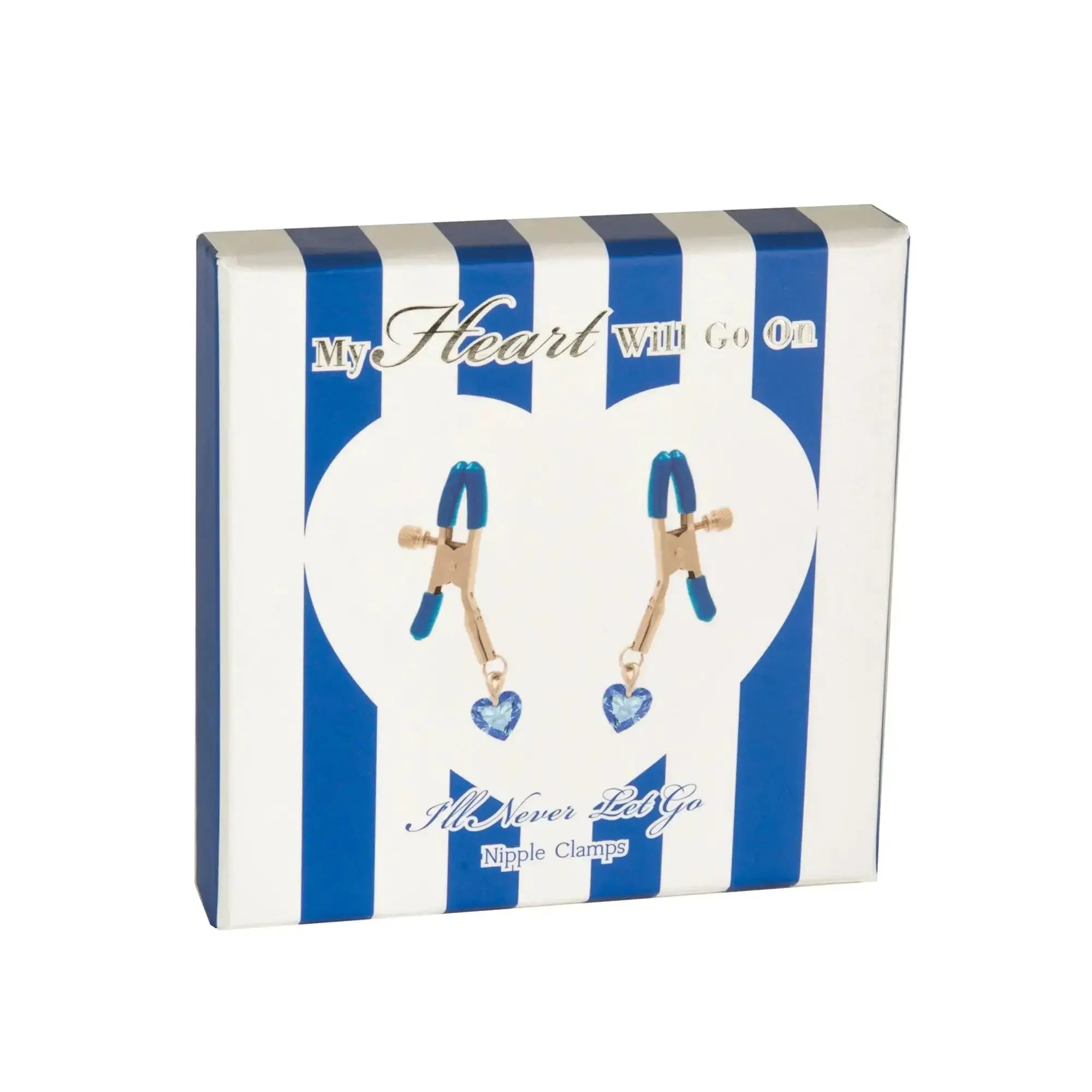 Blue and gold Si Novelties My Heart Will Go On nipple clamps with heart-shaped charms for intimate use