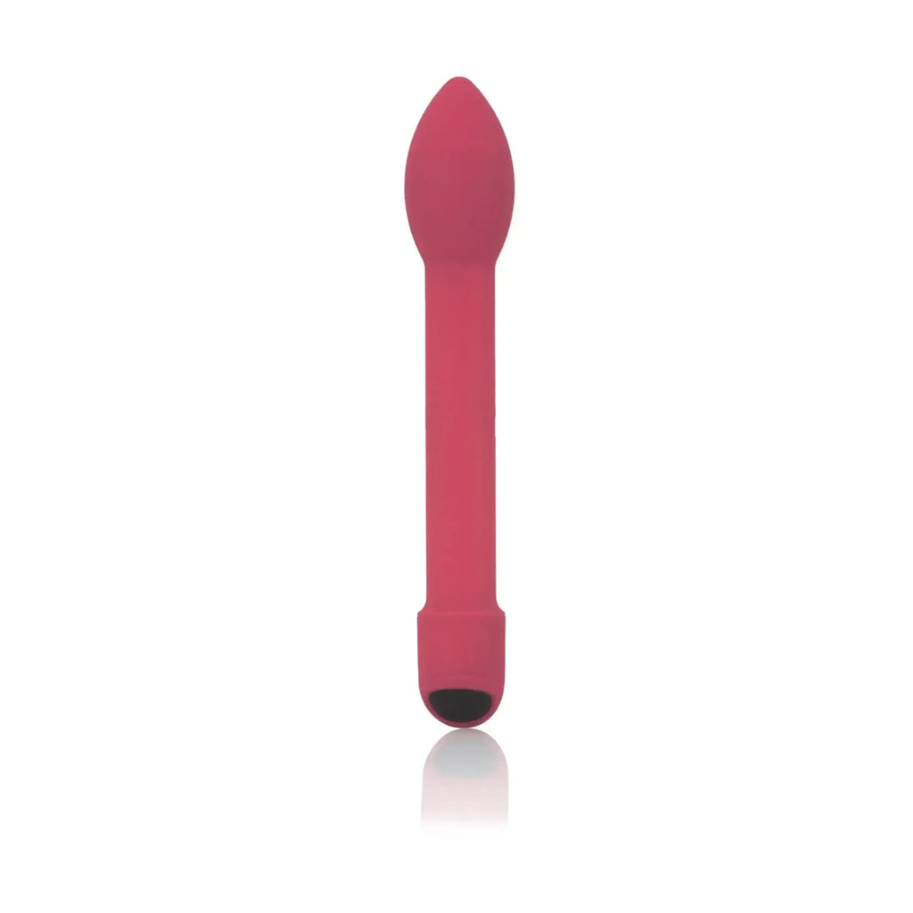 A sleek matte finish pink silicone Si Novelties omgee spot vibe with a tapered head and rounded base