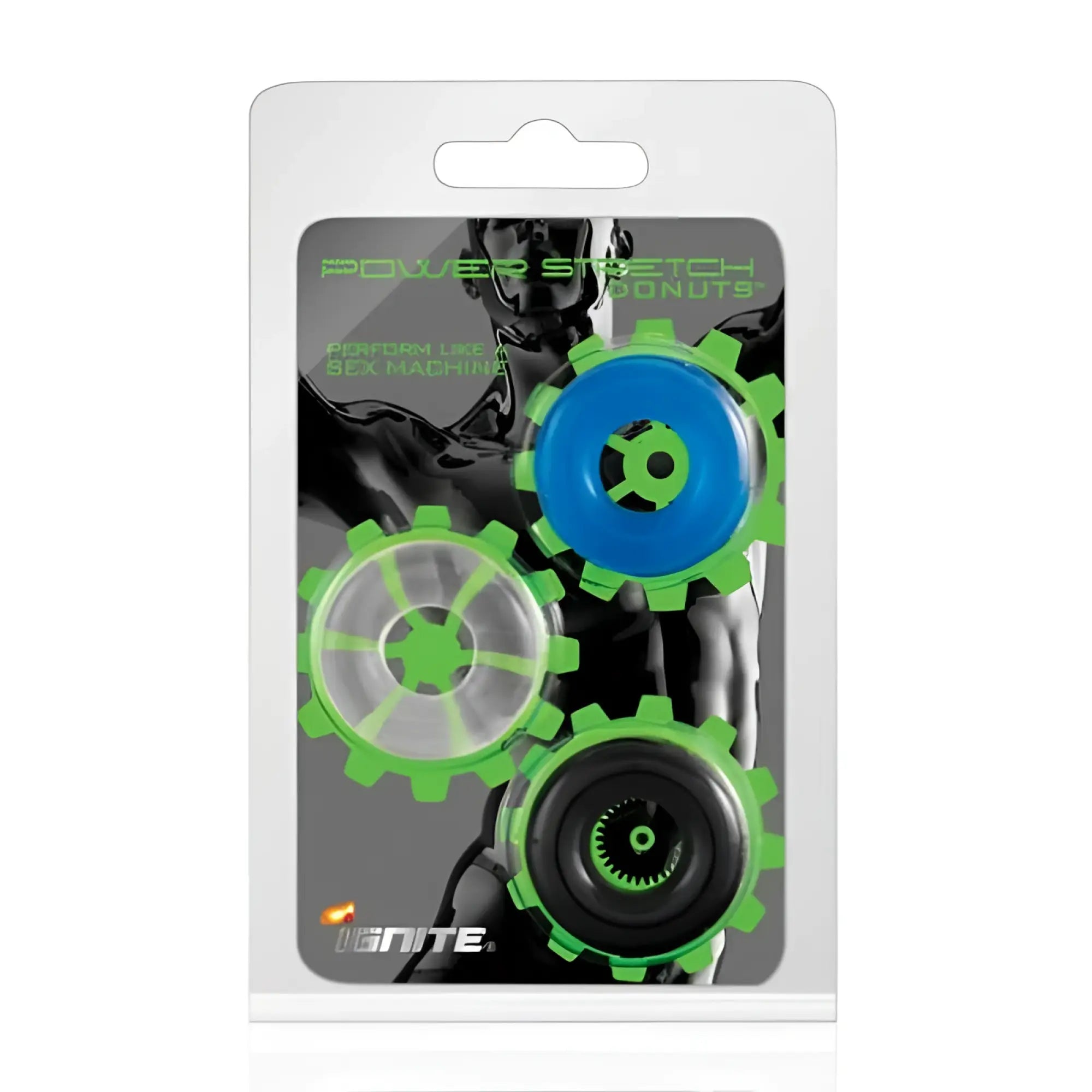 Si Novelties power stretch donuts 3 pc multicolour green and blue gear-shaped in clear plastic package
