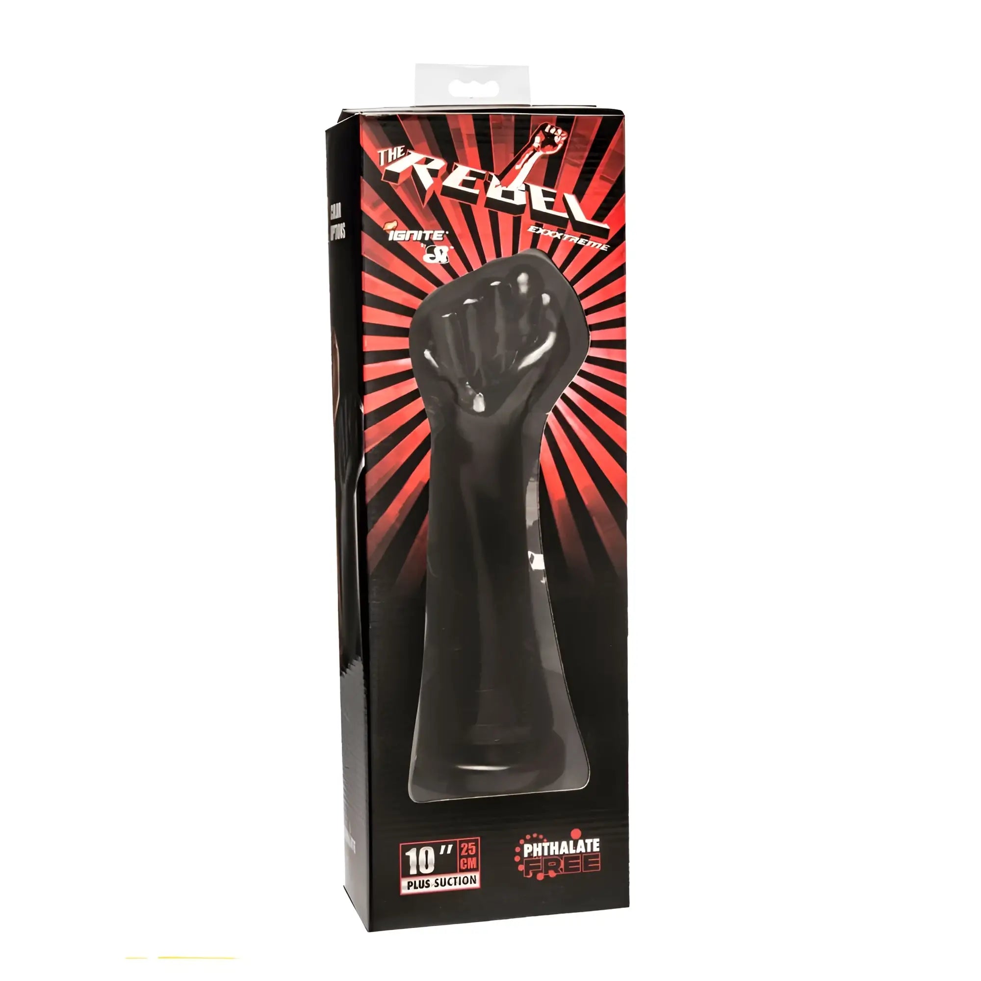 Black glossy plastic fist-shaped vibrator in branded Si Novelties The Rebel Fist Black retail box
