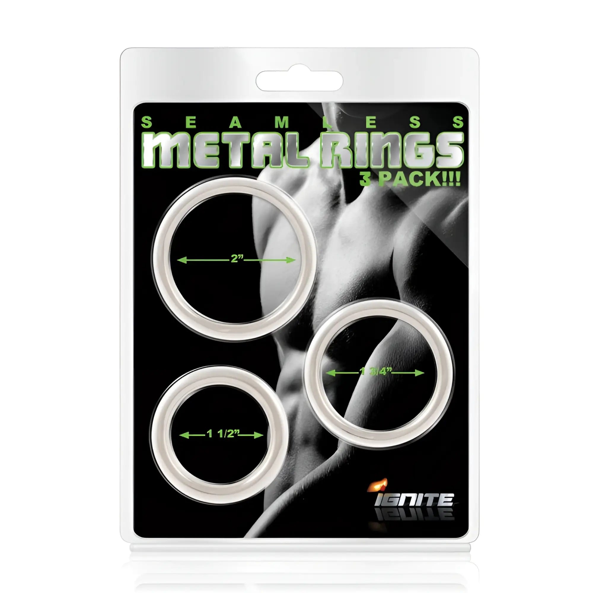 Set of three silver seamless metal cock rings in varying sizes by si novelties for enhanced pleasure