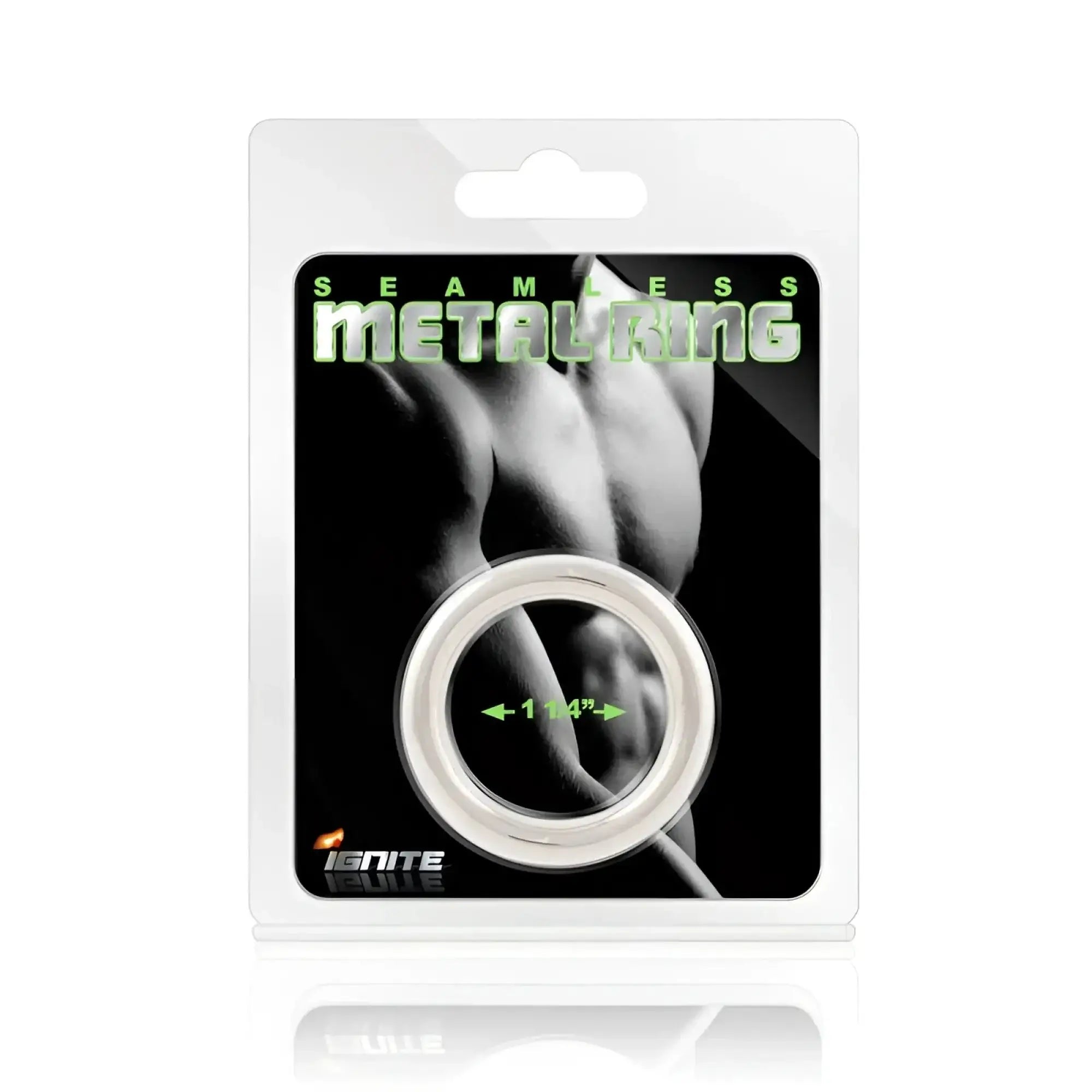 A sleek silver seamless metal cock ring 32mm with a polished finish in ignite branded retail display card