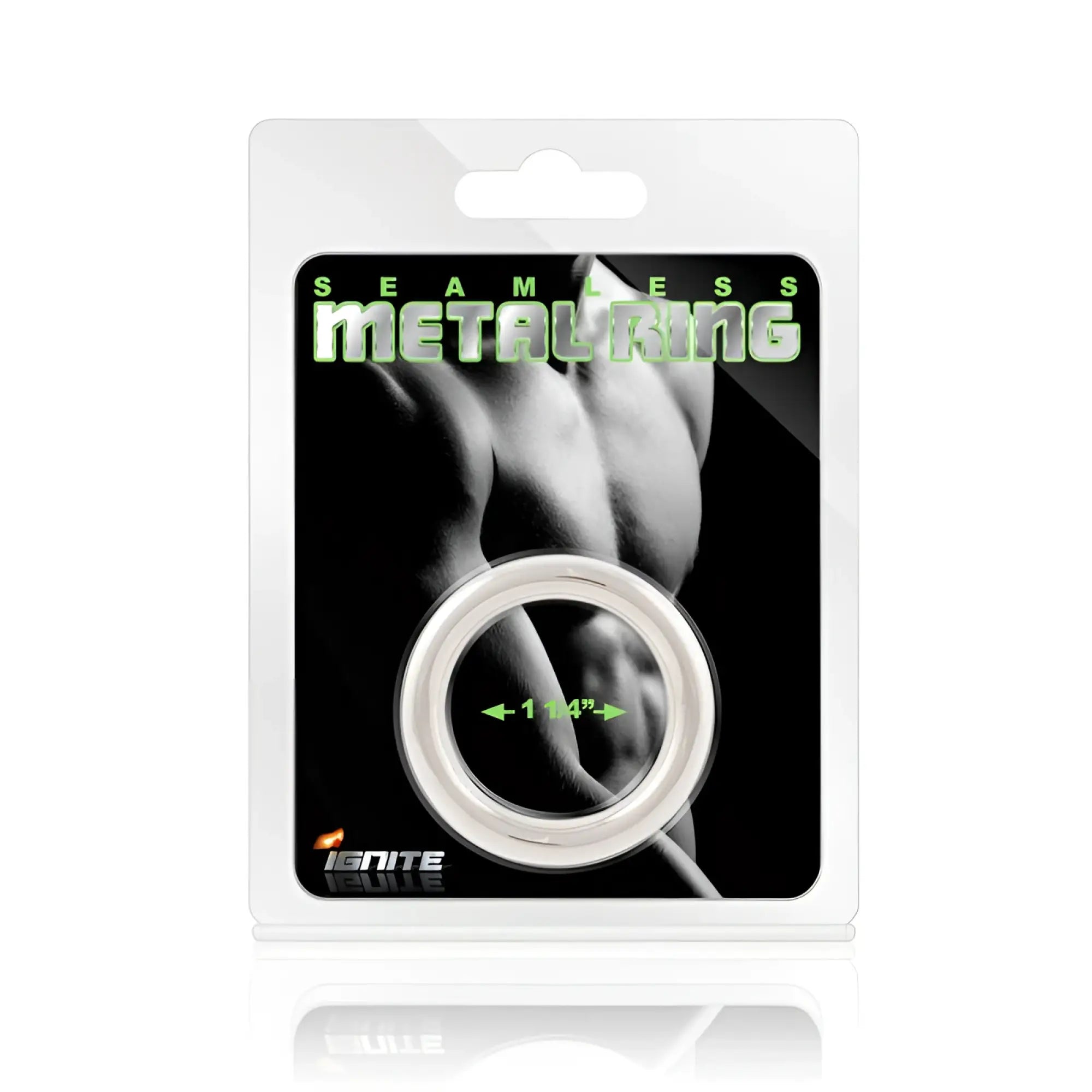 A sleek silver seamless metal cock ring 32mm with a polished finish in ignite branded retail display card