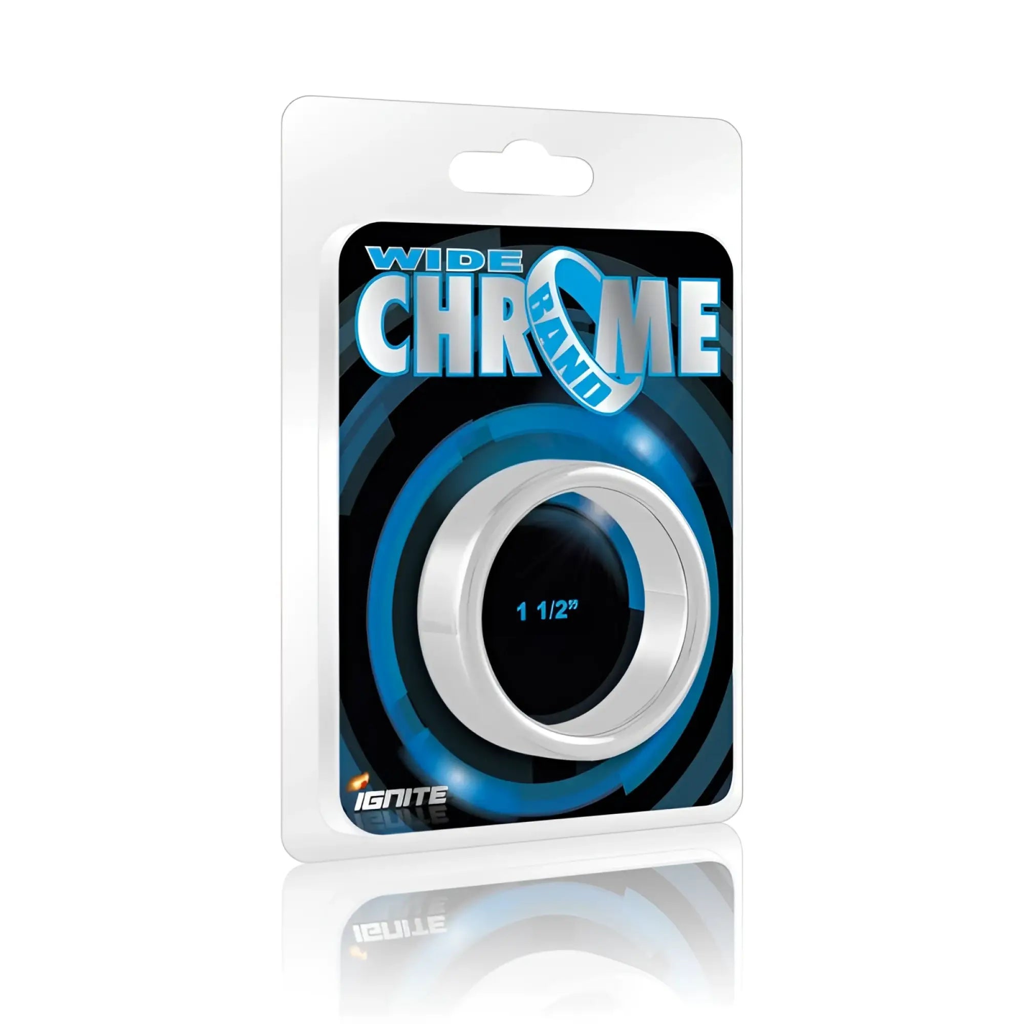 Si Novelties wide band chrome cock ring 38mm silver chrome plated 1.5 inch diameter in blue and black blister pack