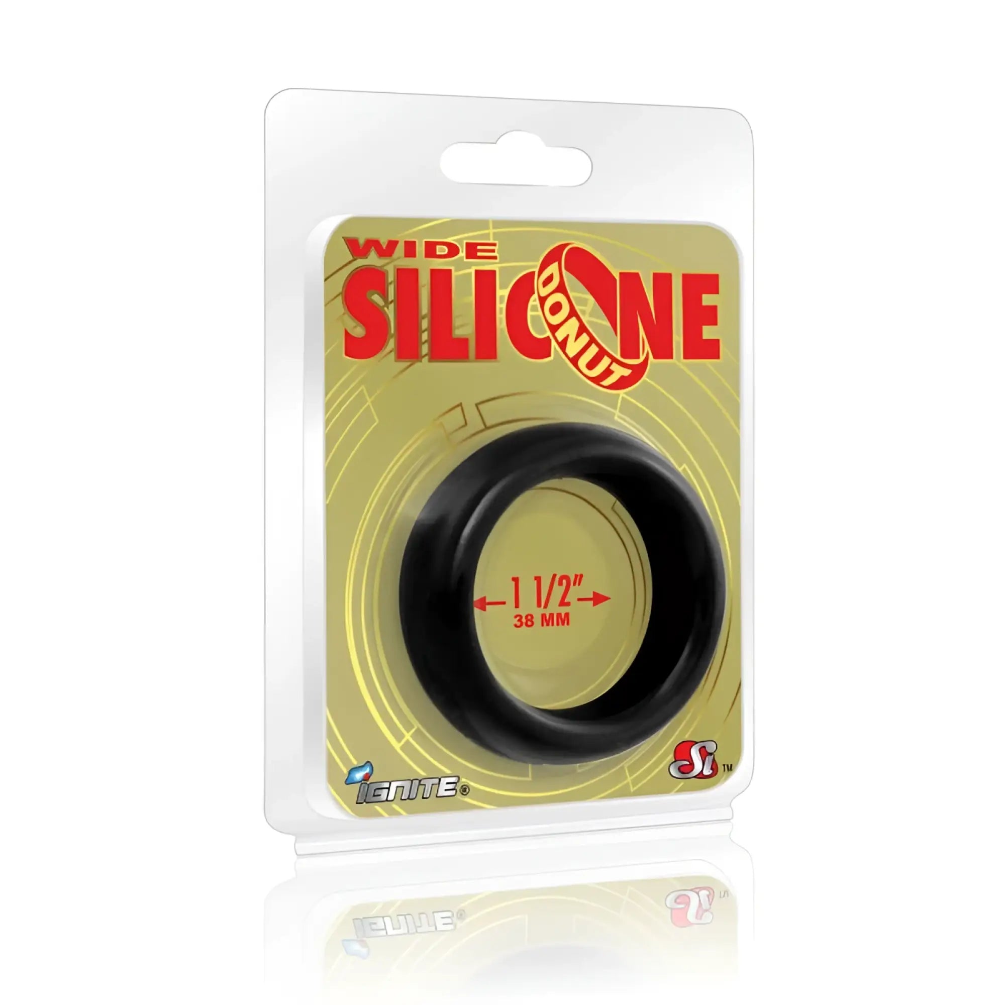 Black silicone wide donut cock ring 38mm by ignite in clear blister pack with yellow and red branding