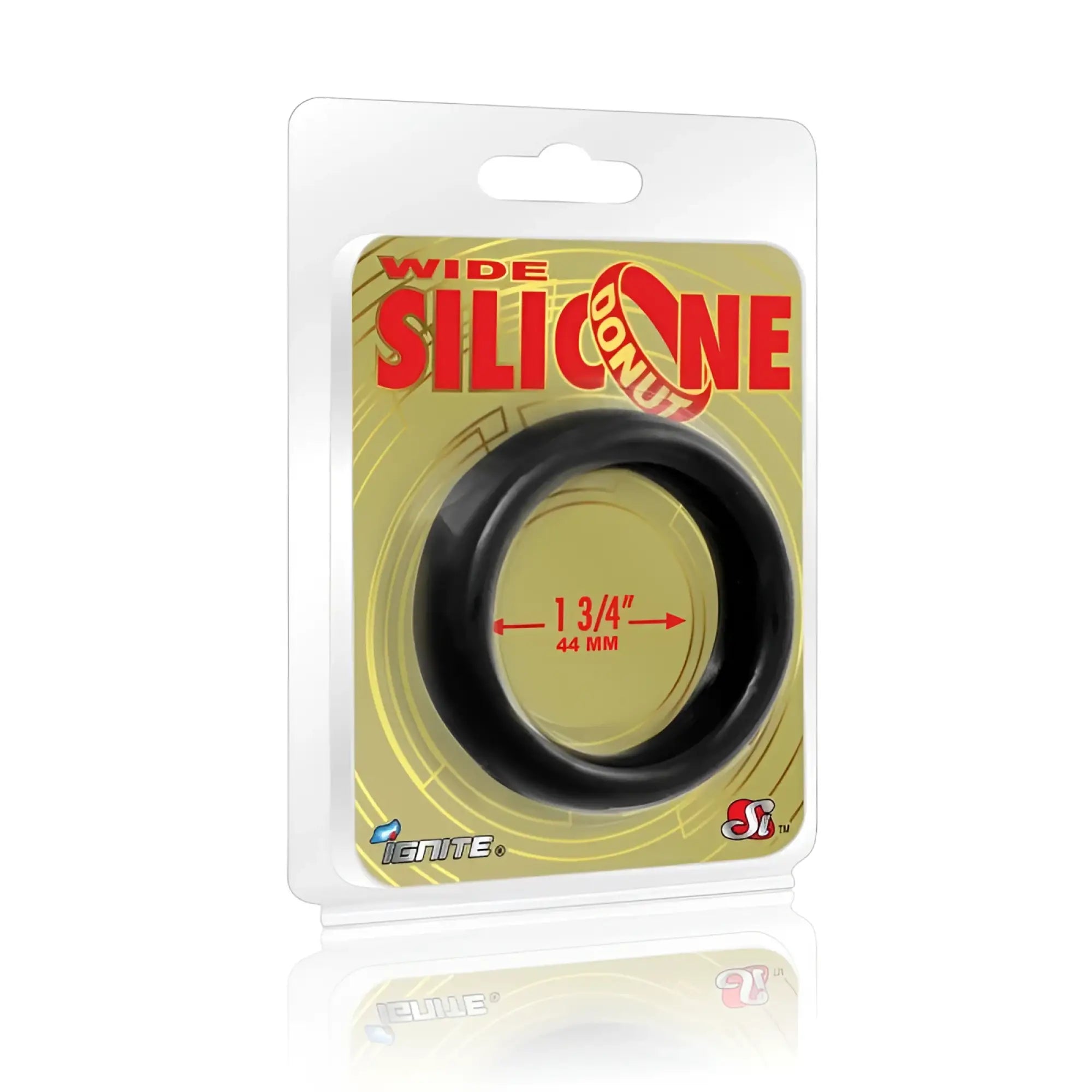 Si novelties wide donut black cock ring made of black silicone measuring 1 3/4 inches in diameter