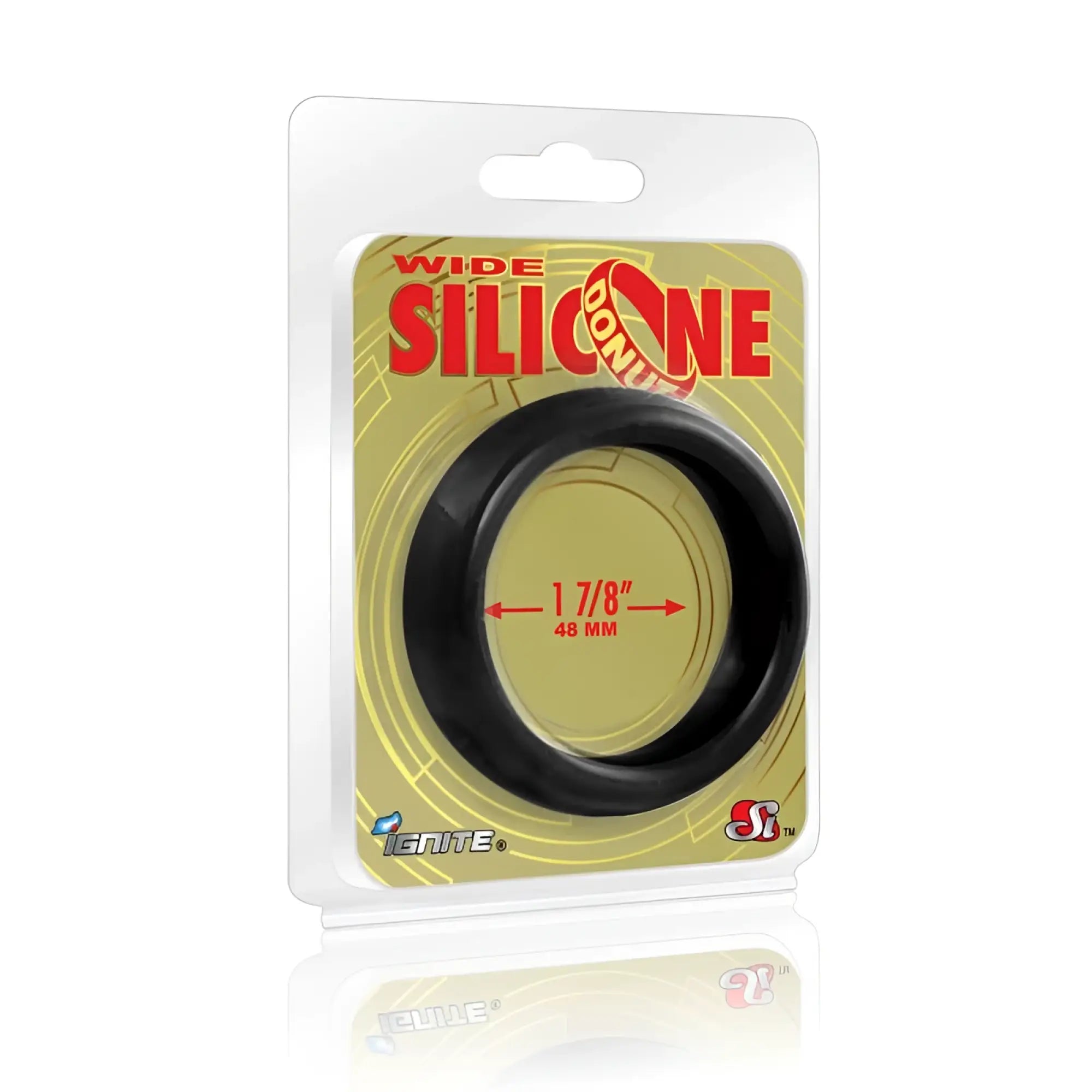 Black silicone wide donut cock ring 48mm 1.75 inches diameter packaged for retail sale by ignite