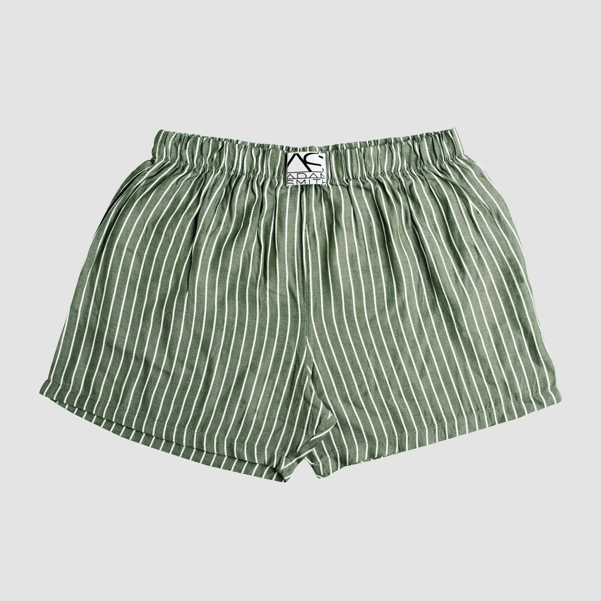 Side pocket relax boxers olive green and white striped boxer shorts with elastic waistband and black logo tag