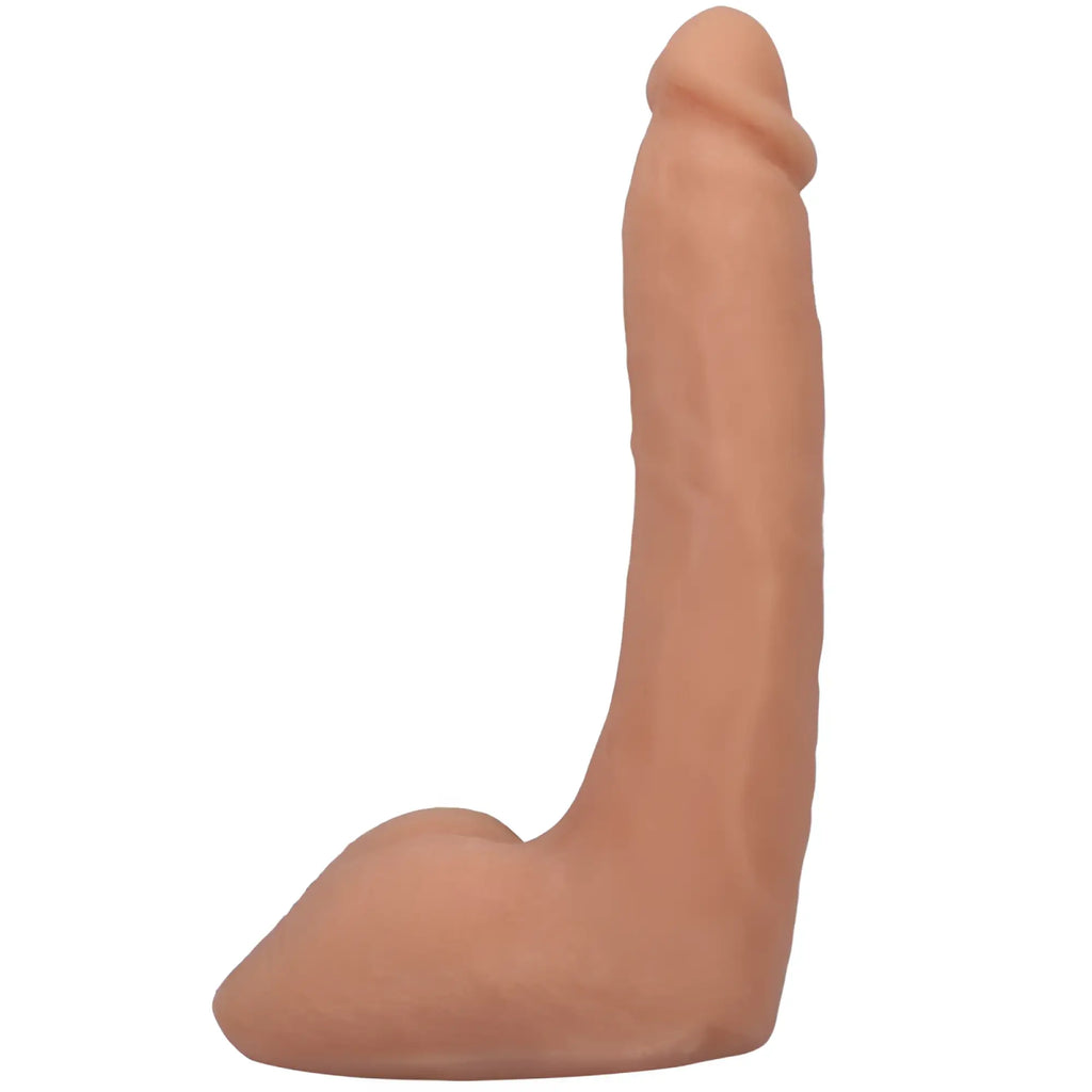 Peach-colored silicone dildo with curved shaft and removable Vac-U-Lock suction cup from Signature Cocks Codey Steele