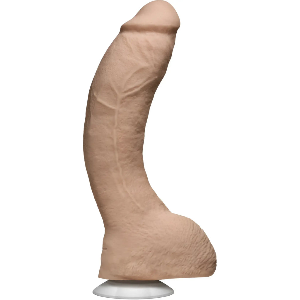Beige silicone Signature Cocks Jeff Stryker Ultraskyn cock vanilla dildo with textured leaf embossing on white base