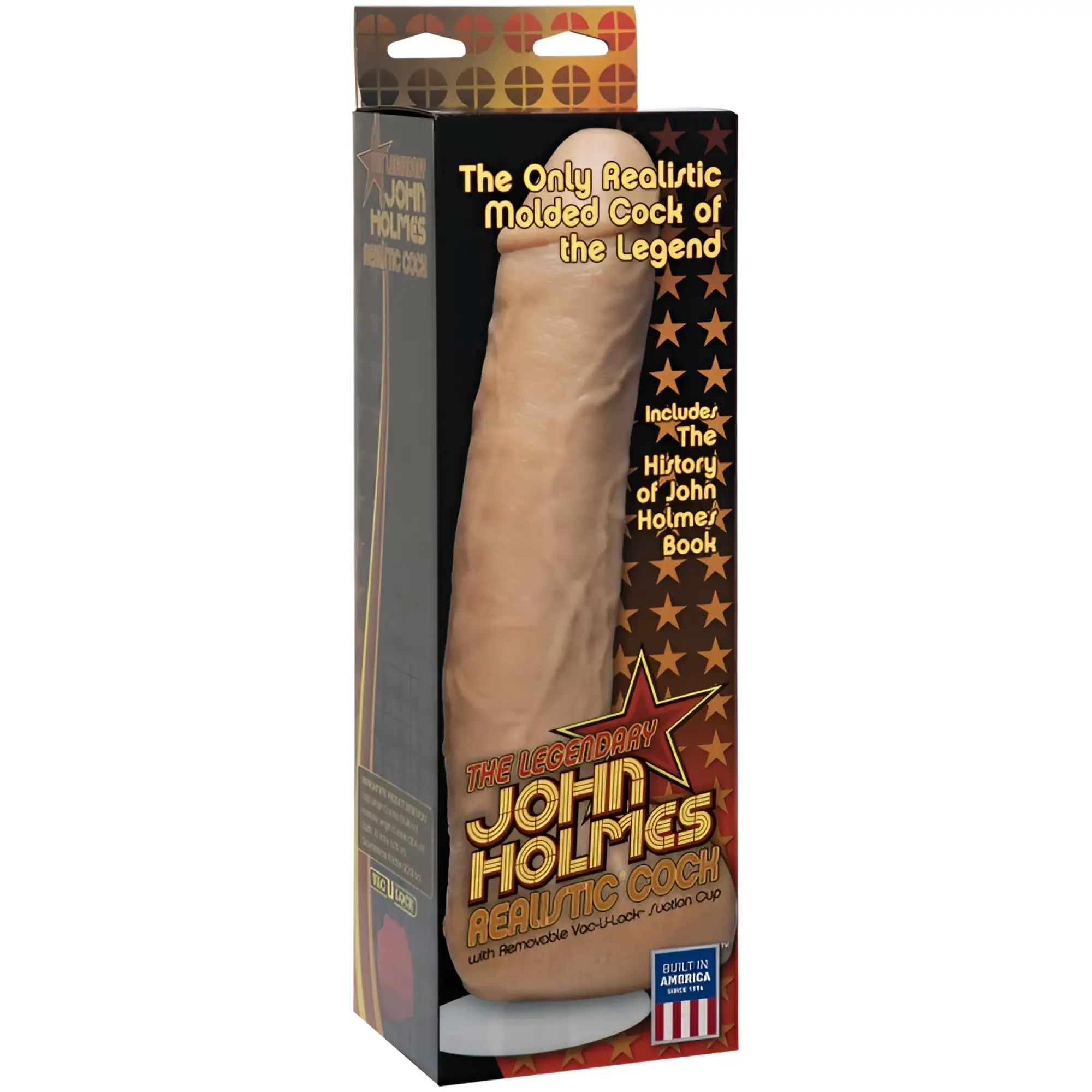 The legendary john holmes realistic cock vanilla is a beige silicone phallic toy with vacuum cup and american flag packaging