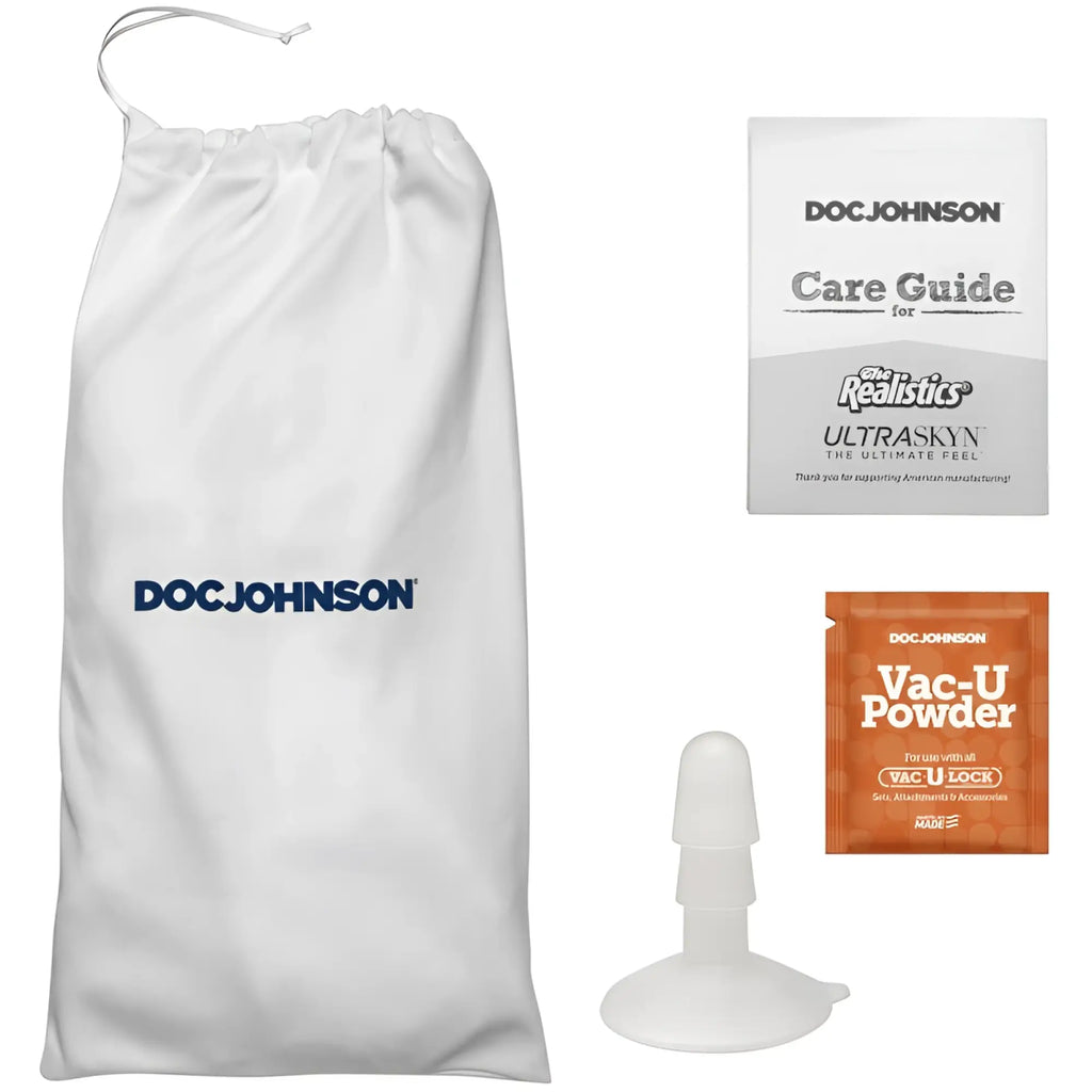 White drawstring storage bag with blue docjohnson logo for signature cocks roman todd 8in ultraskyn vanilla