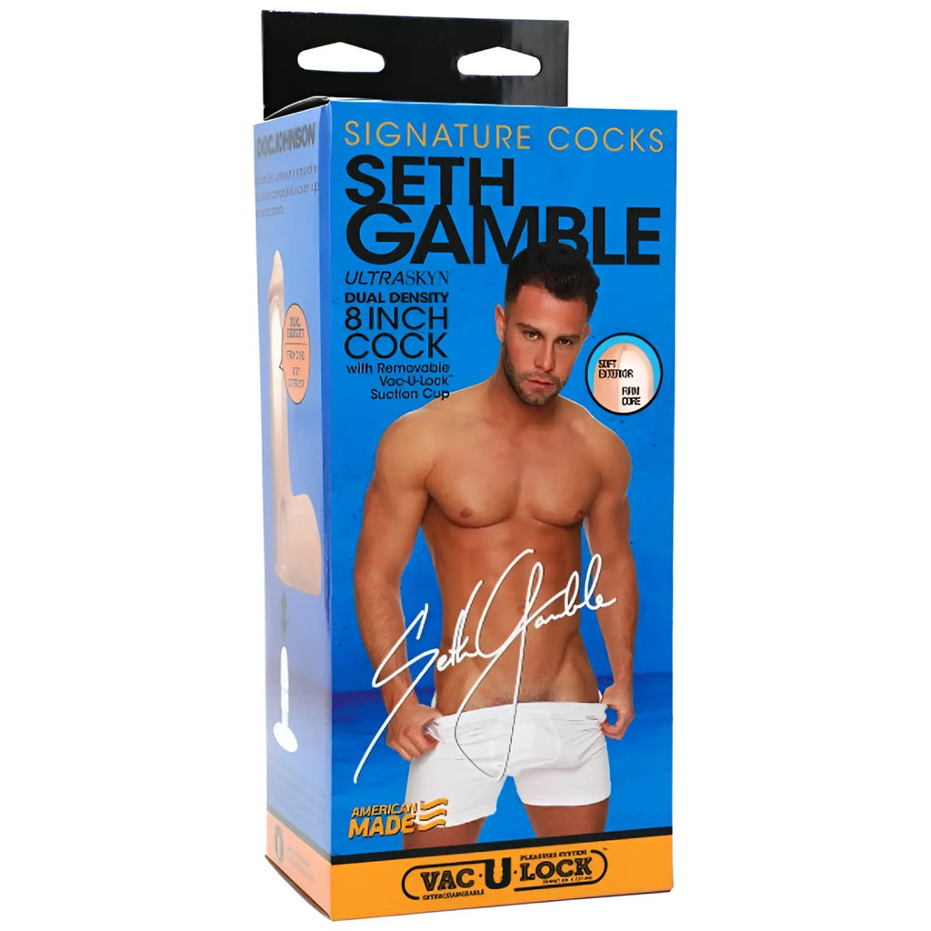 Blue and orange packaged 8-inch seth gamble ultraskyn dual density cock with removable vao-u-lock suction cup