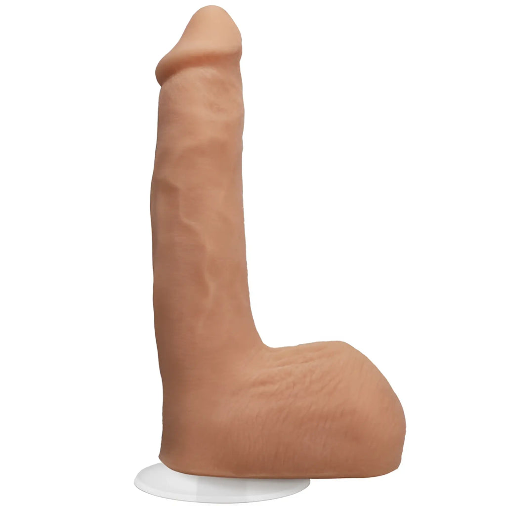 Tan silicone adult toy with realistic texture and white circular base signature cocks seth gamble ultraskyn cock vanilla 8in