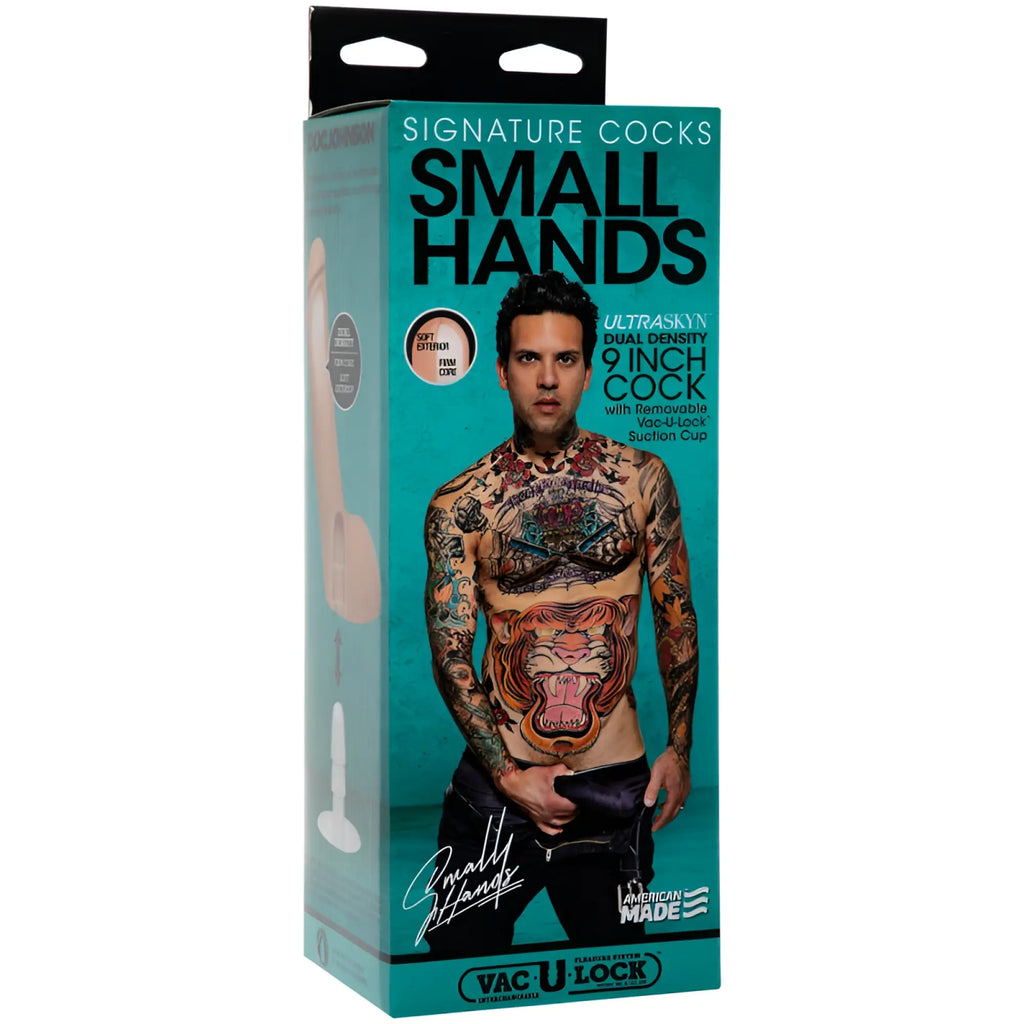 Teal cardboard packaging for small hands 9-inch ultraskin dual-density cock with removable vac-u-lock suction cup