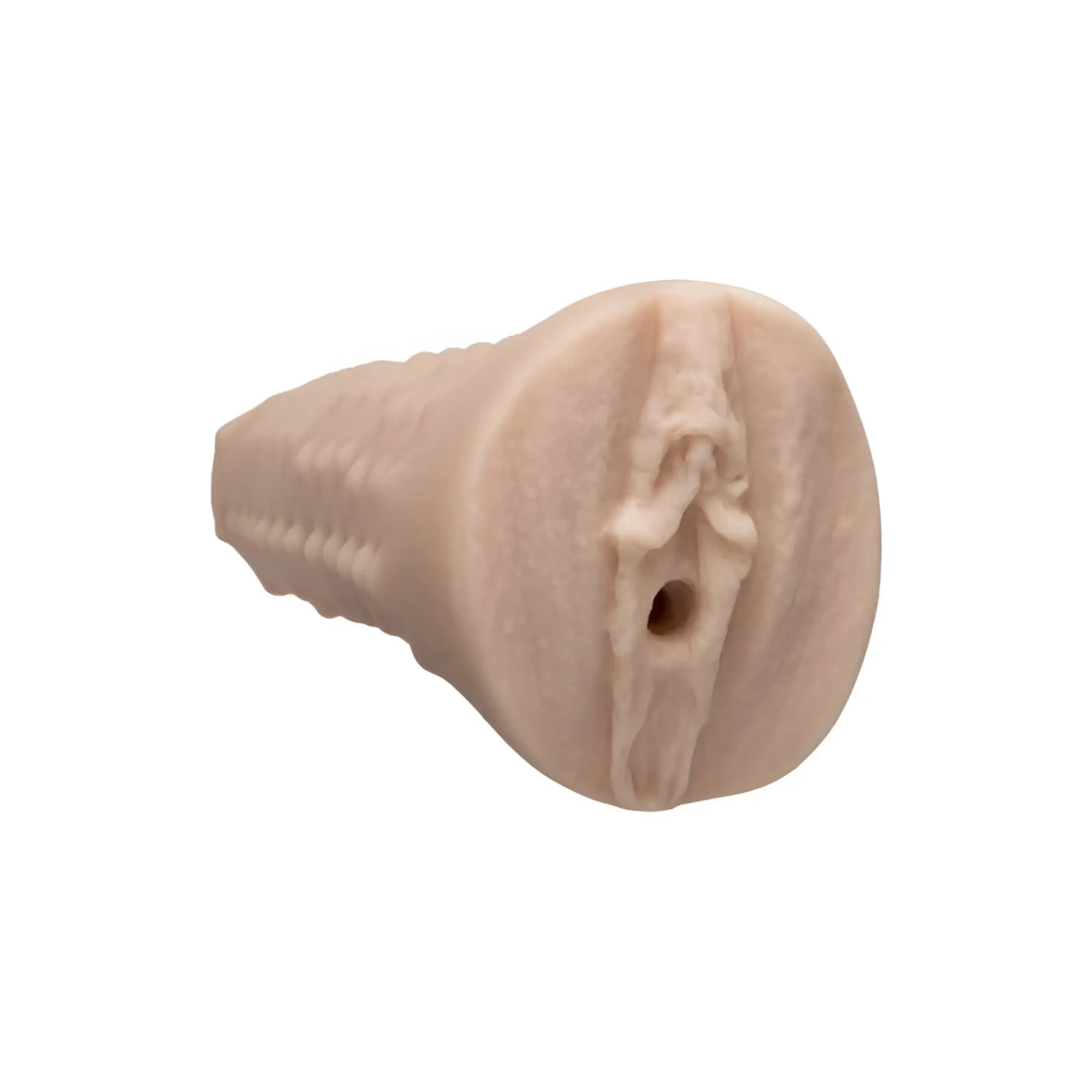 Beige silicone anal plug with textured ridges and central hole from signature strokers jennas pussy ultraskyn pocket pussy vanilla