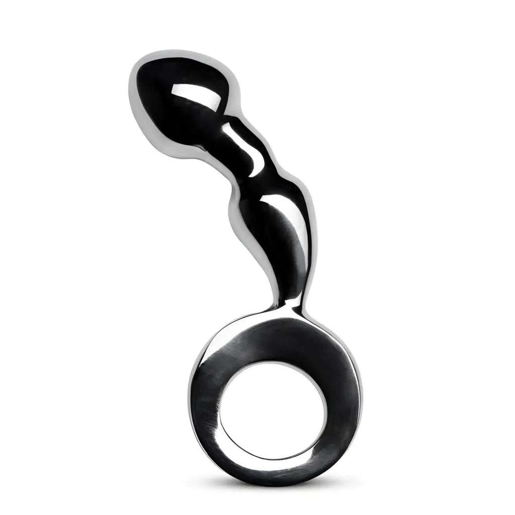 Shiny silver metallic sinner drang fun metal anal plug with curved segmented body and circular ring base