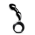 Shiny silver metallic sinner drang fun metal anal plug with curved segmented body and circular ring base