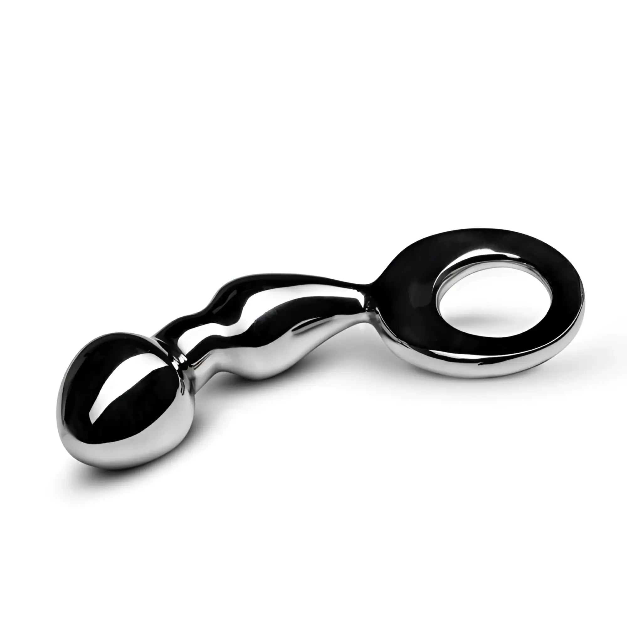 Shiny chrome finished silver metal anal plug with rounded bulbous tip and integrated ring by sinner drang fun metal