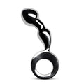Shiny silver metallic sinner drang fun metal anal plug with curved segmented body and circular ring base