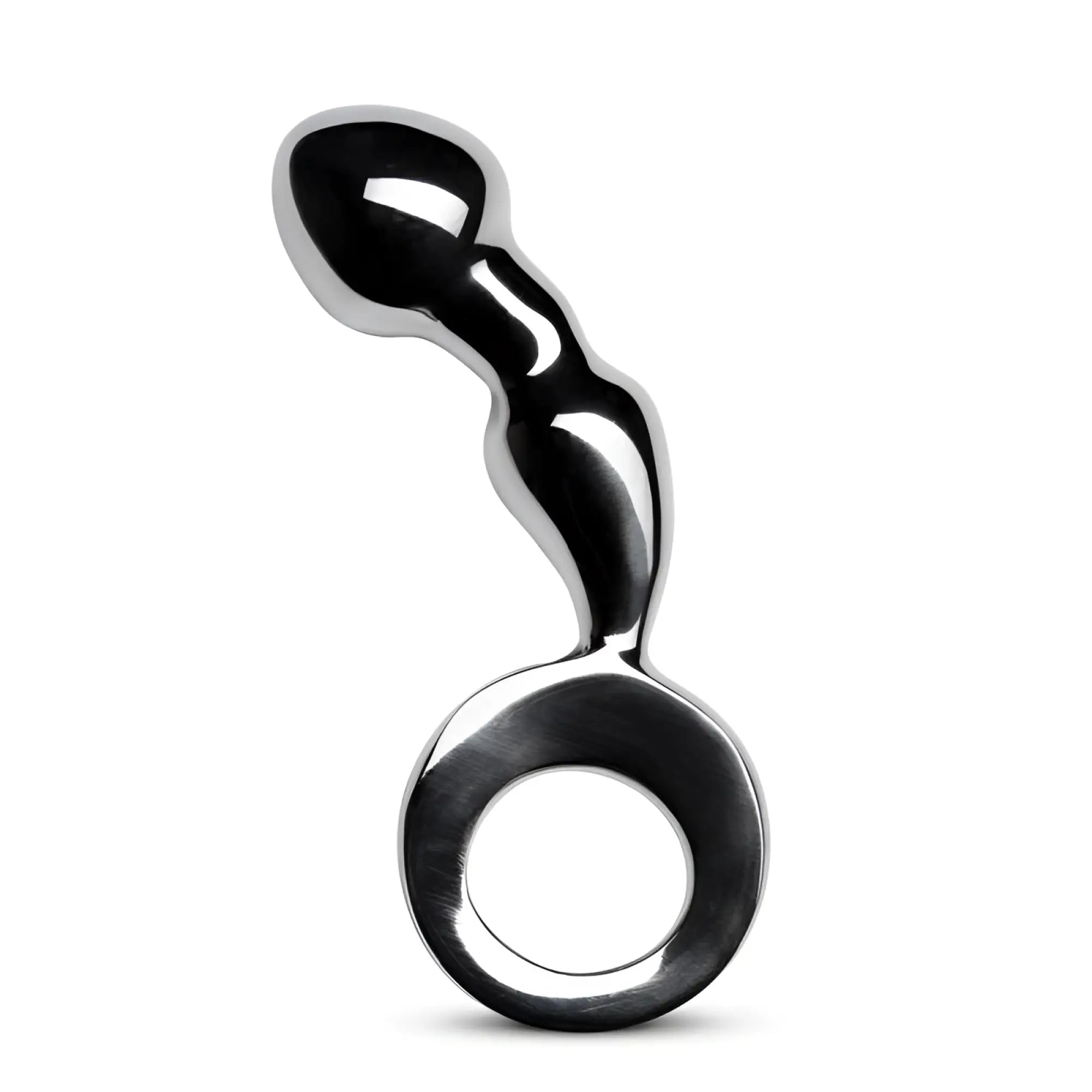 Shiny silver metallic sinner drang fun metal anal plug with curved segmented body and circular ring base
