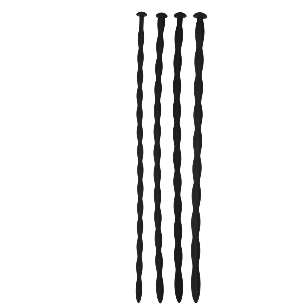 Four black twisted silicone stirrers with rounded tops from the sinner silicone dilator set