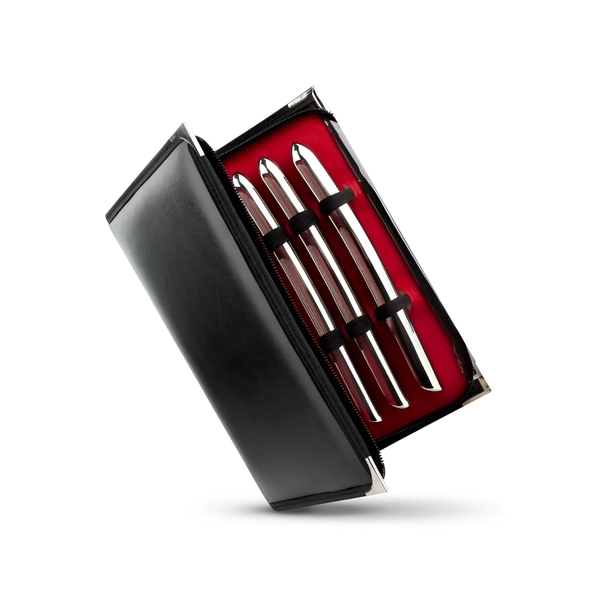 Black leather case containing four silver finished pens with black bands from sinner single ended dilator set 14 pc
