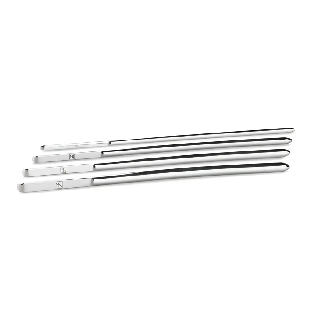 Set of four sleek stainless steel crochet hooks with polished chrome finish and engraved nn branding for crafting