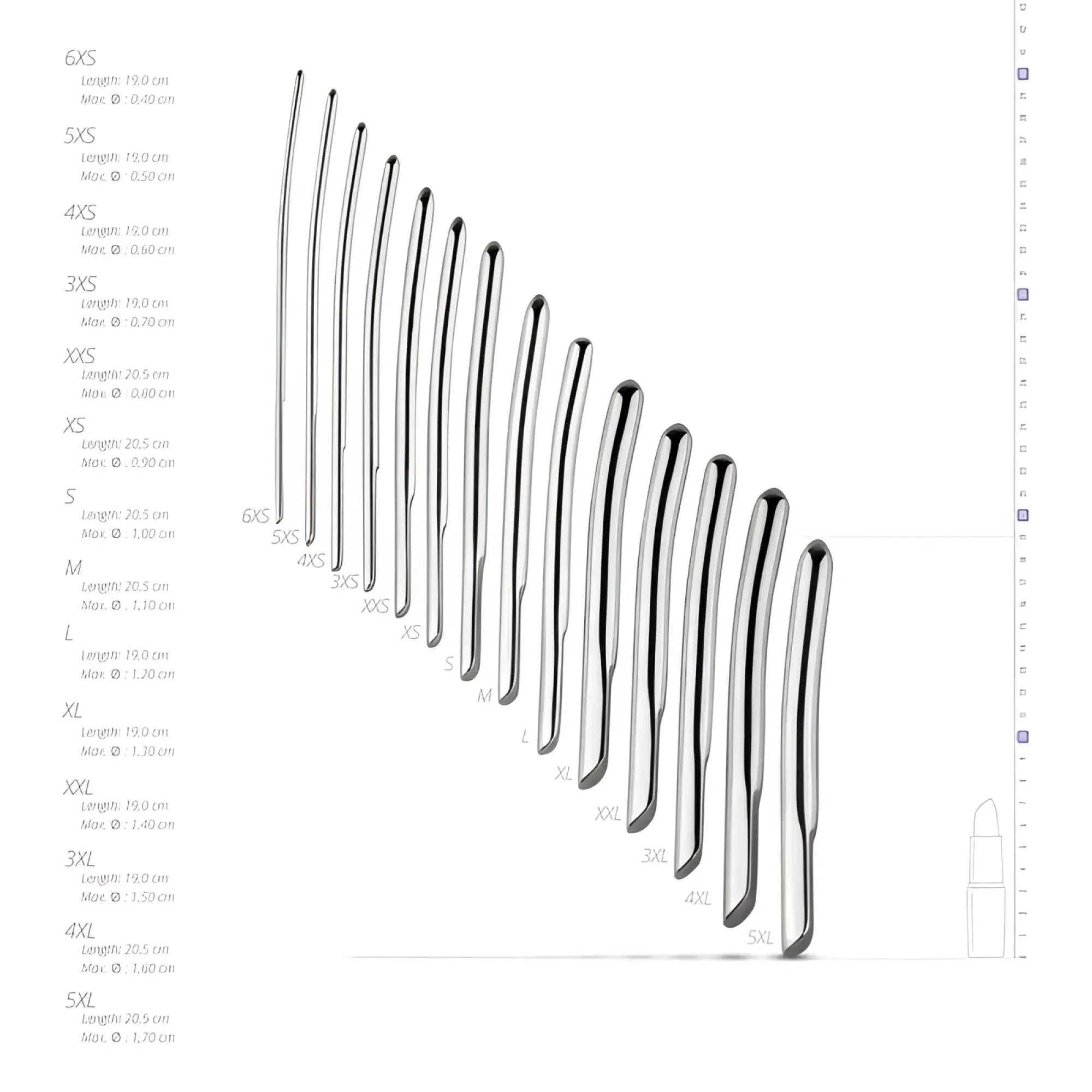 A sleek metallic silver single ended dilator from sinner set with smooth reflective surface and tapered ends