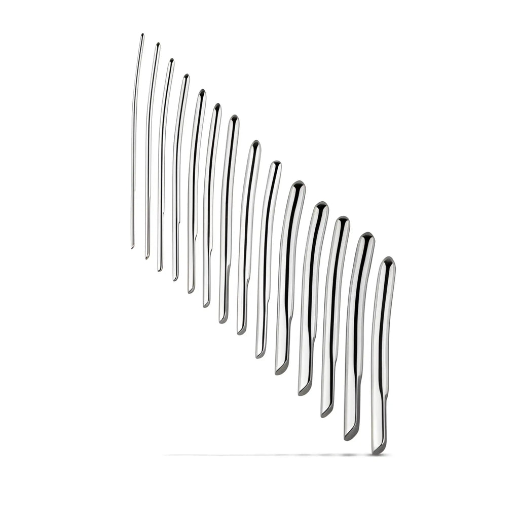 Set of ten sleek curved stainless steel hairpins arranged diagonally in sinner single ended dilator set 14 pc