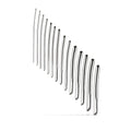 Set of ten sleek curved stainless steel hairpins arranged diagonally in sinner single ended dilator set 14 pc