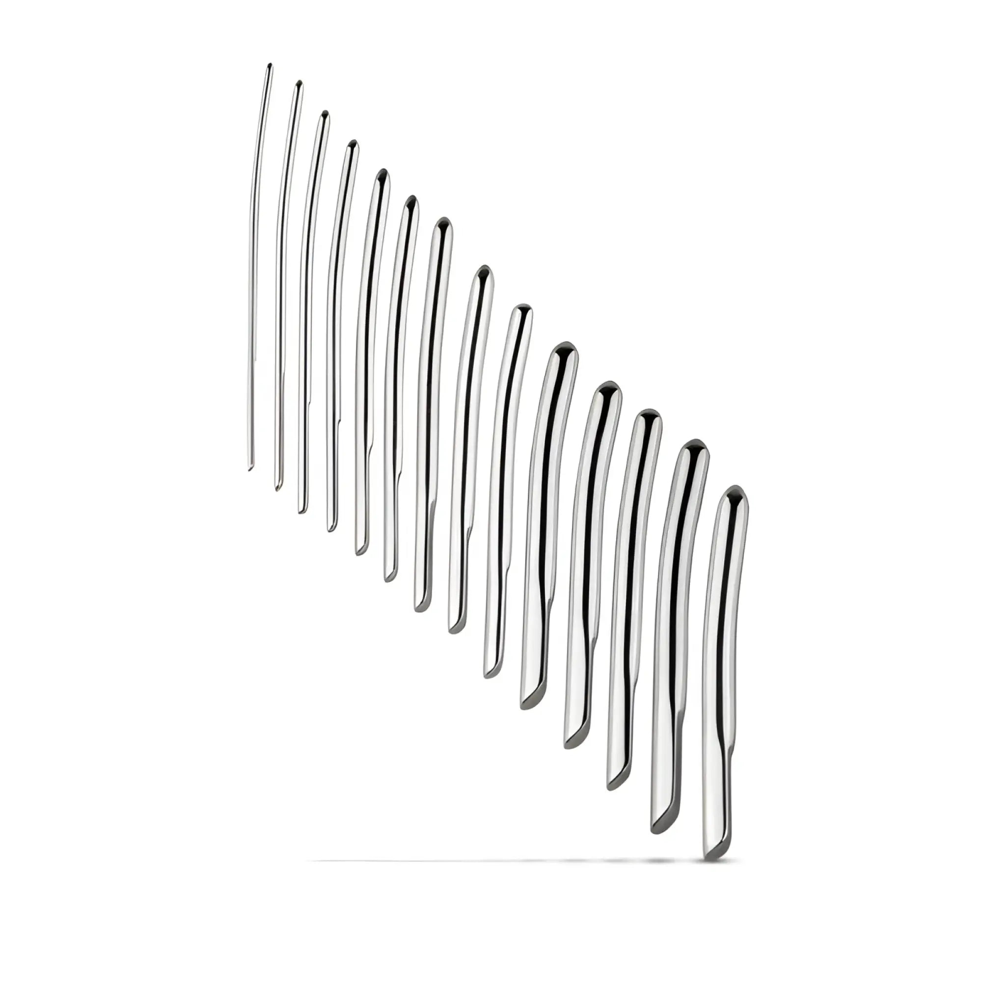 Set of ten sleek curved stainless steel hairpins arranged diagonally in sinner single ended dilator set 14 pc
