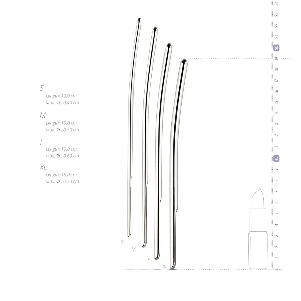 Silver metallic single ended dilator trainer set with four sizes s m l and xl for gradual dilation use