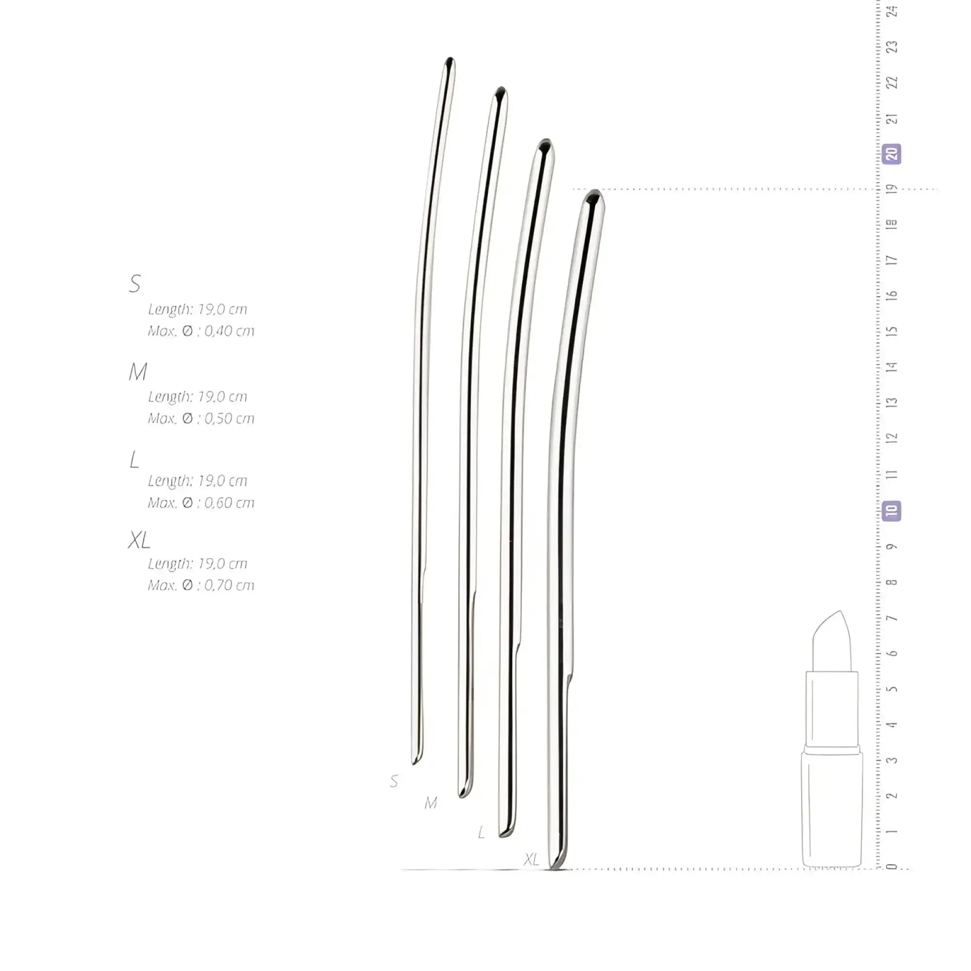 Silver metallic single ended dilator trainer set with four sizes s m l and xl for gradual dilation use