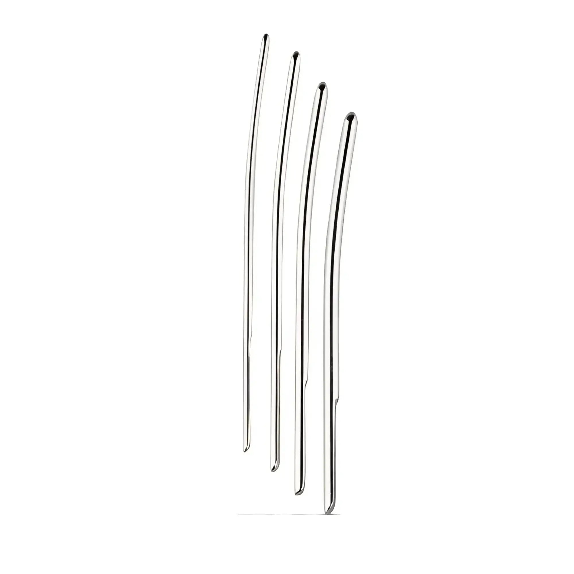 Set of four slender curved metal ear picks with polished silver finish from sinner single ended dilator trainer set 4 pc