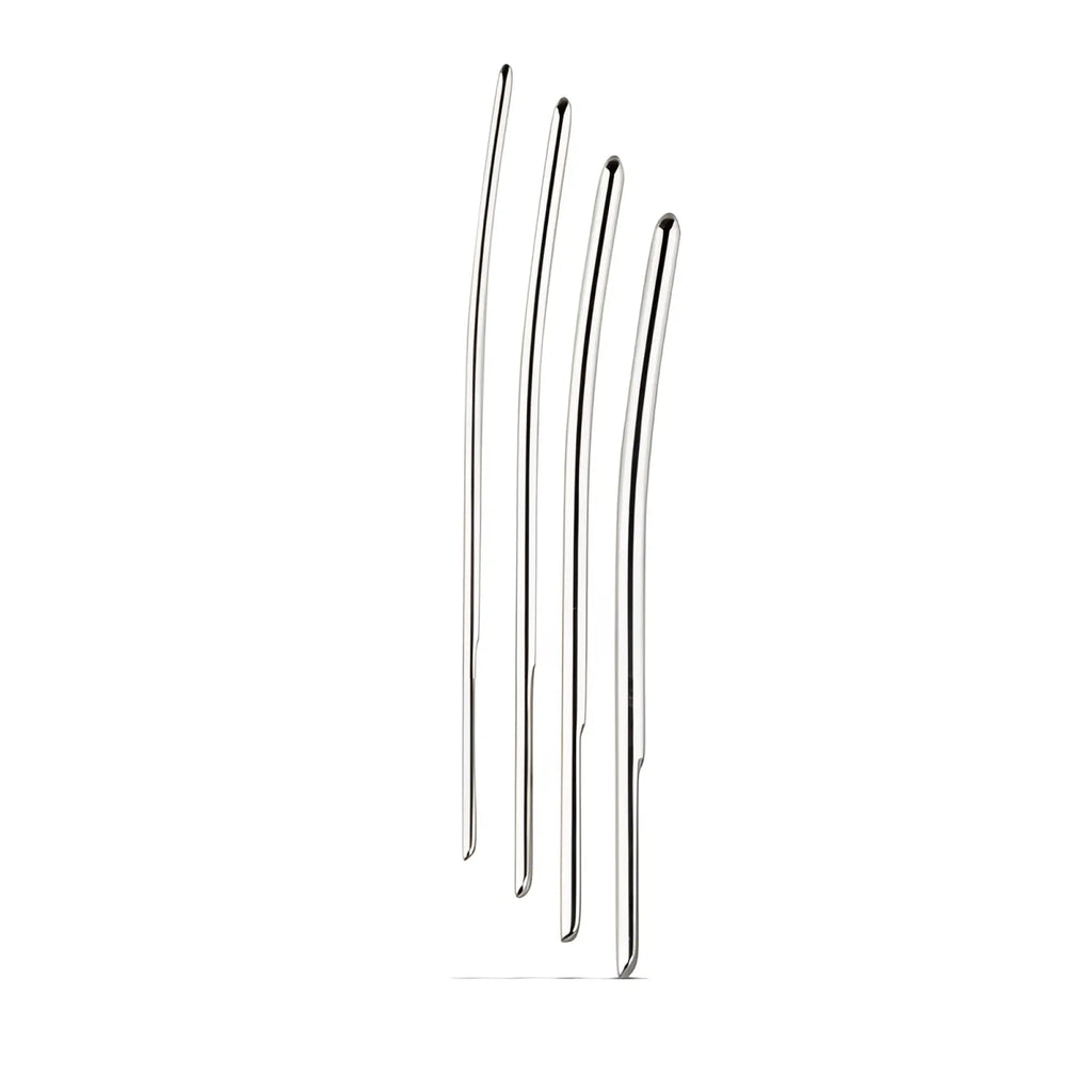 Set of four slender curved metal ear picks with polished silver finish from sinner single ended dilator trainer set 4 pc