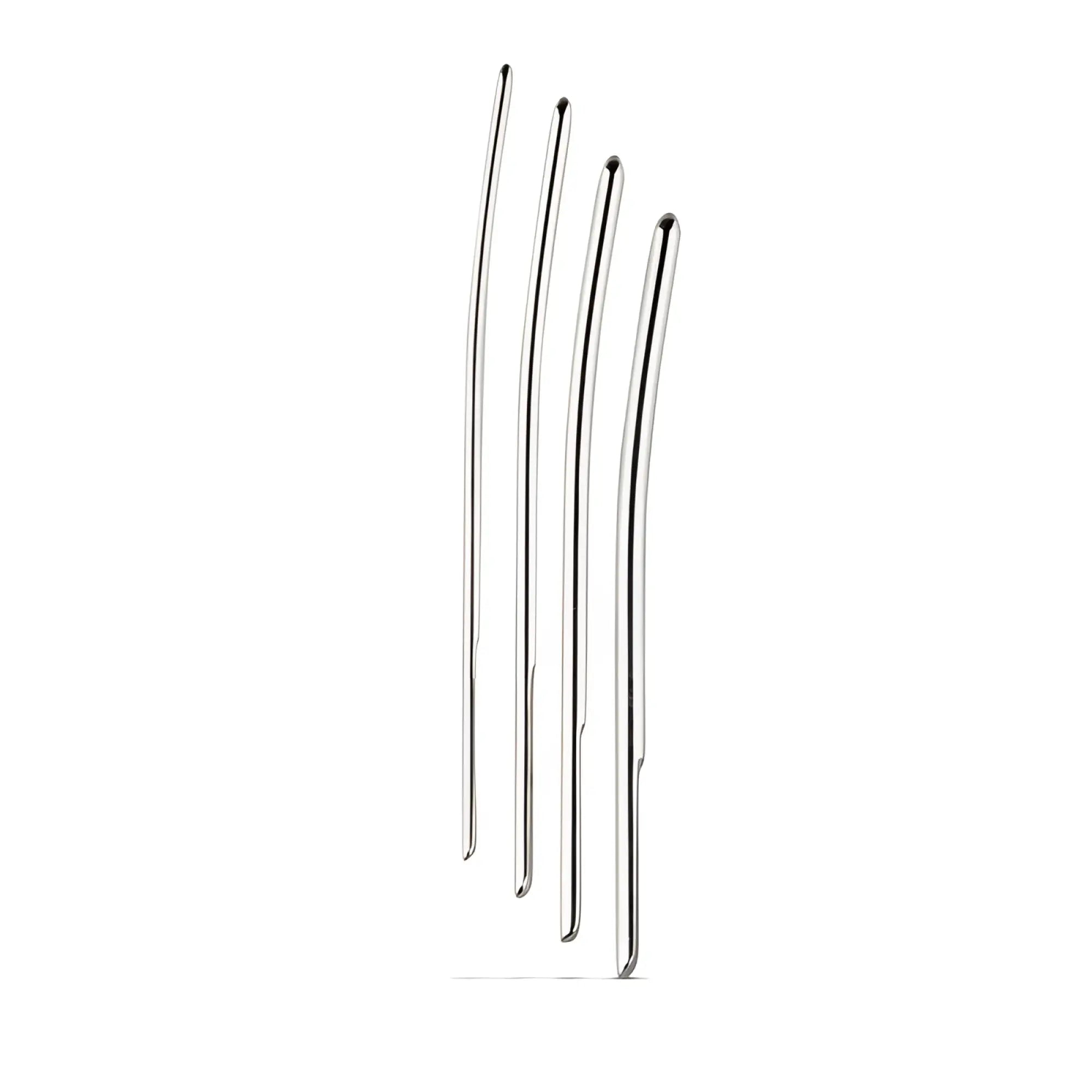 Set of four slender curved metal ear picks with polished silver finish from sinner single ended dilator trainer set 4 pc