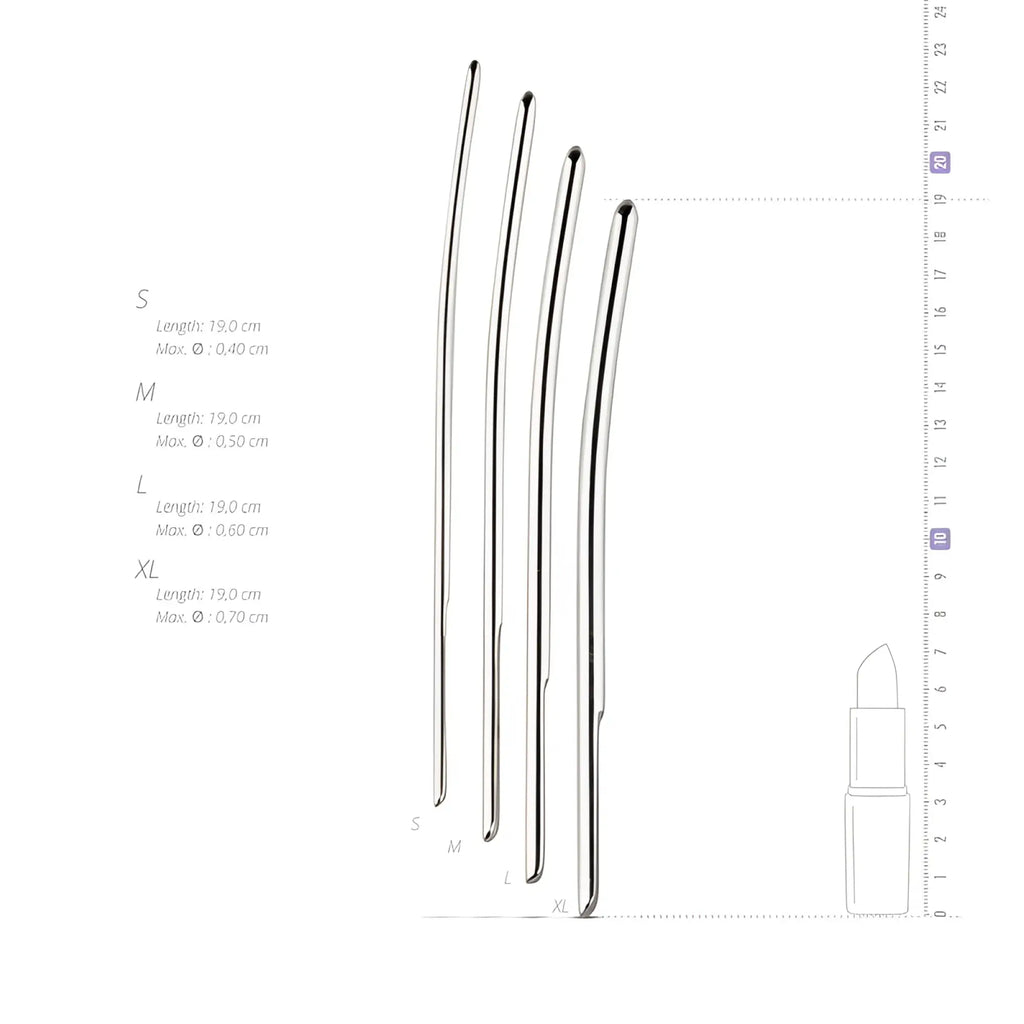Silver metallic single ended dilator trainer set with four sizes s m l and xl for gradual dilation use