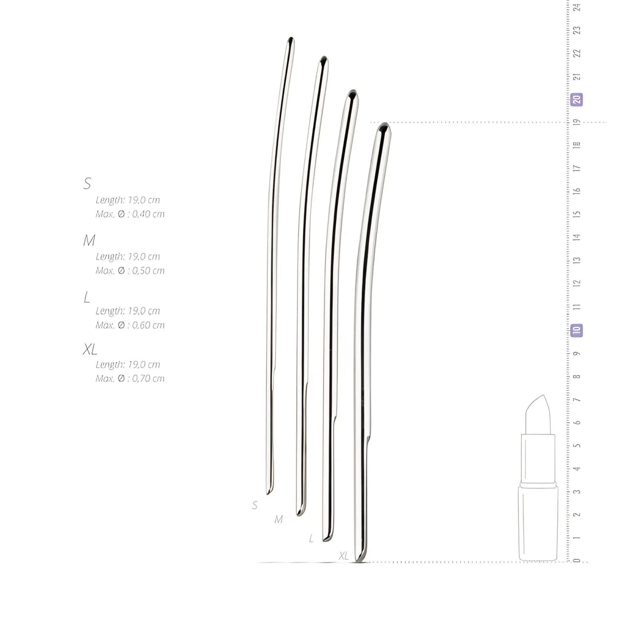 Silver metallic single ended dilator trainer set with four sizes s m l and xl for gradual dilation use