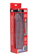 Clear plastic size matters 2in extender sleeve with solid tip packaged in red and black branding
