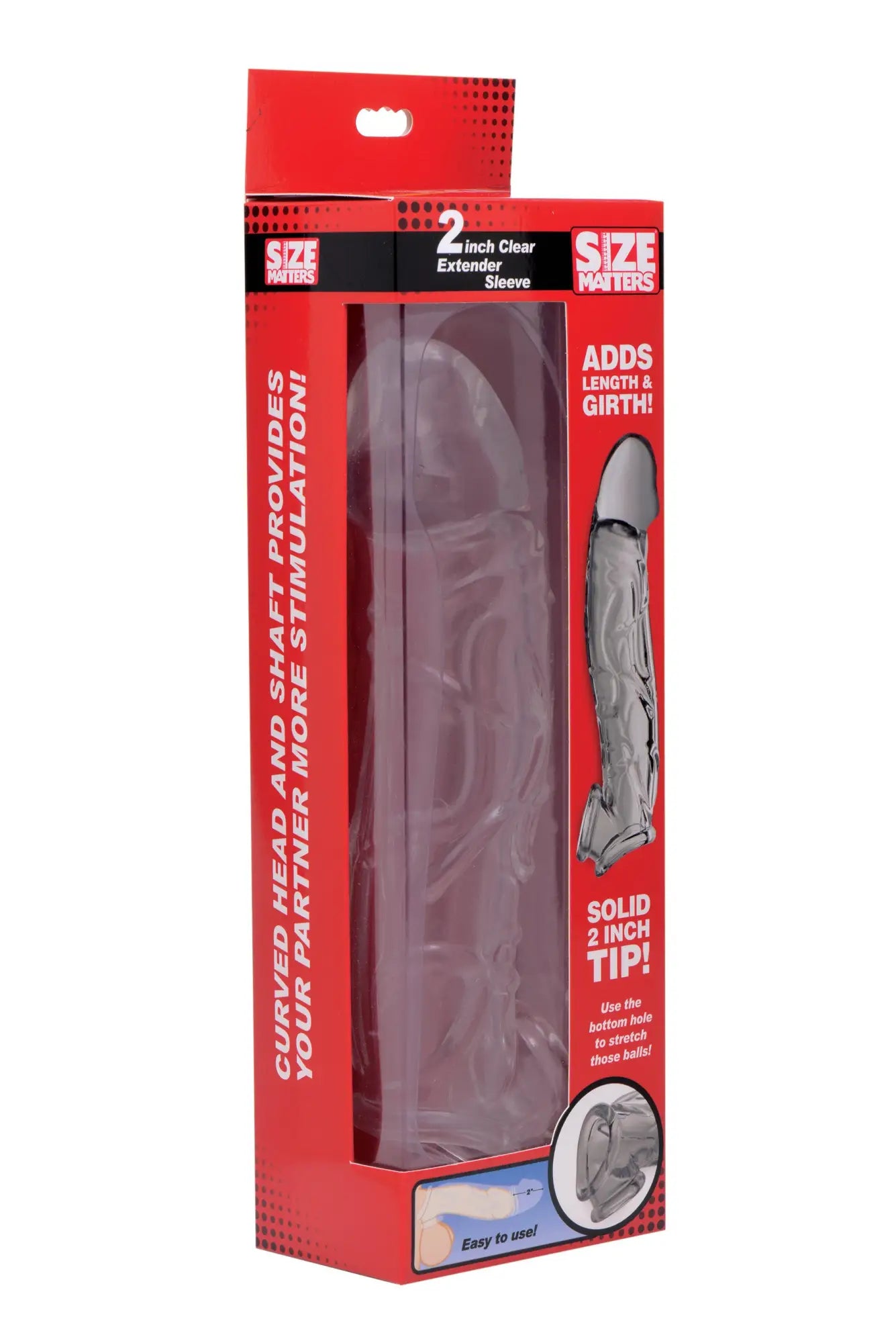 Clear plastic size matters 2in extender sleeve with solid tip packaged in red and black branding