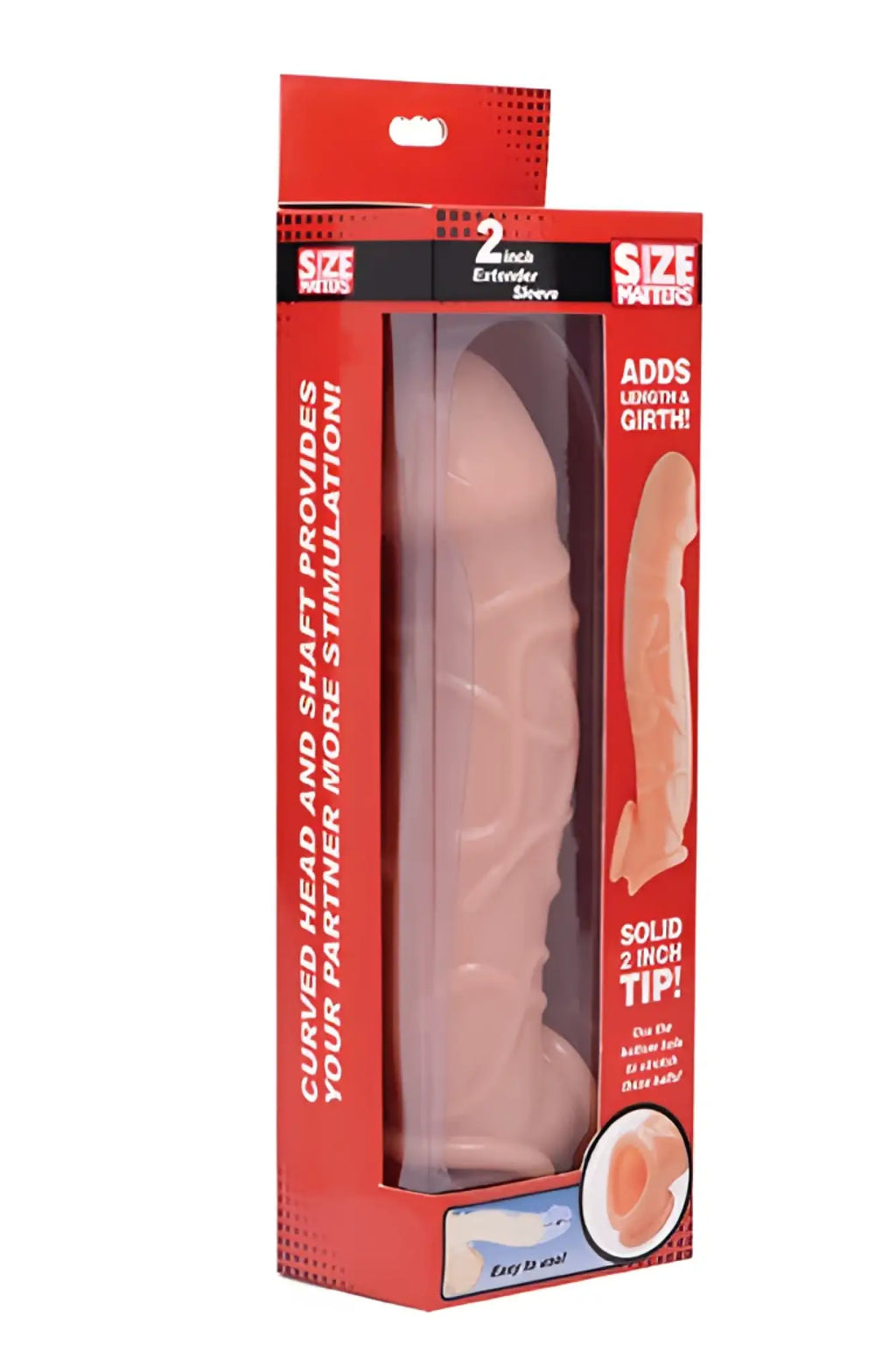 Pink silicone 2 inch extendable sleeve in red packaging for Size Matters flesh extender sleeve product