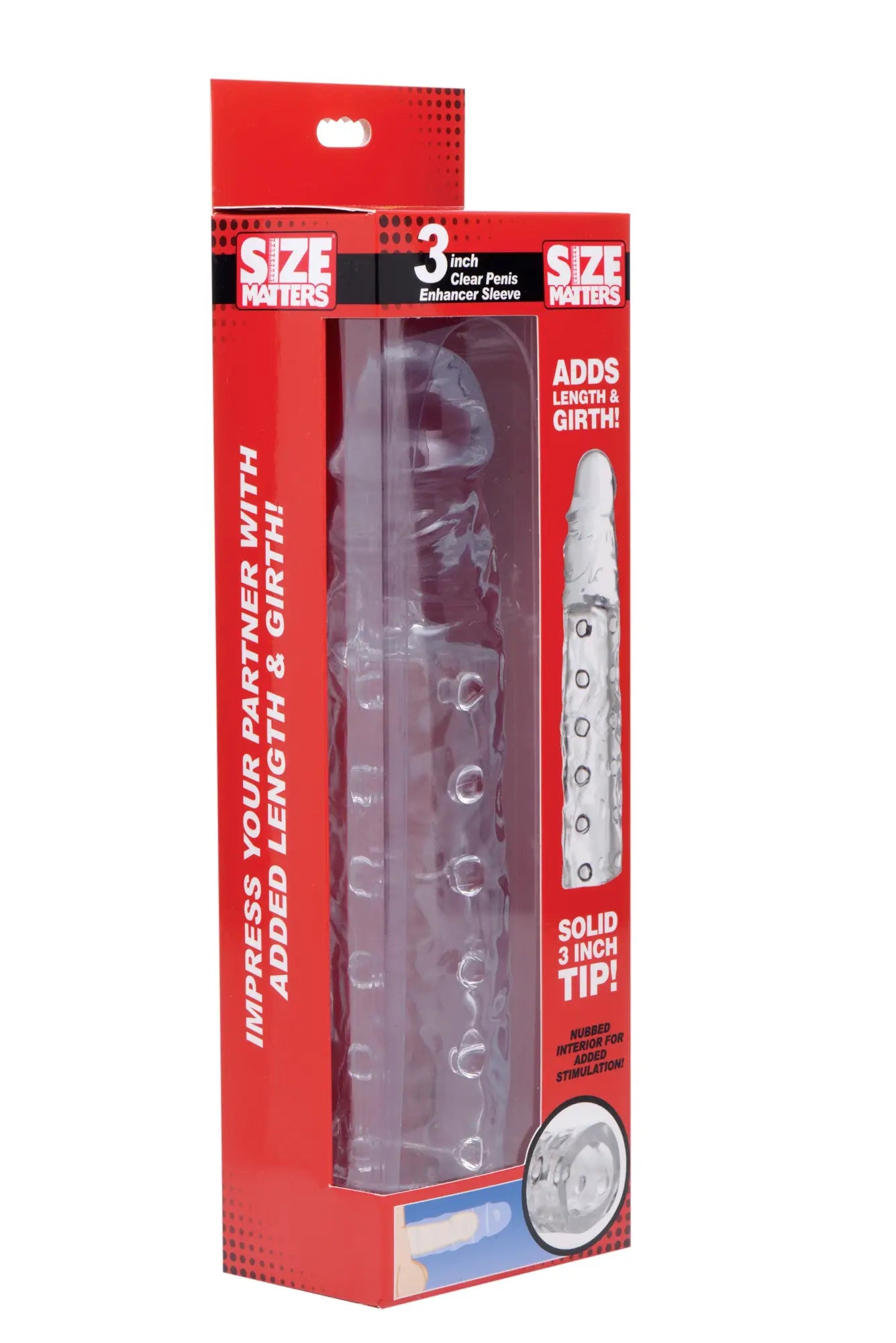 Size Matters 3in clear plastic penis enhancer sleeve with solid tip and textured ridges for stimulation