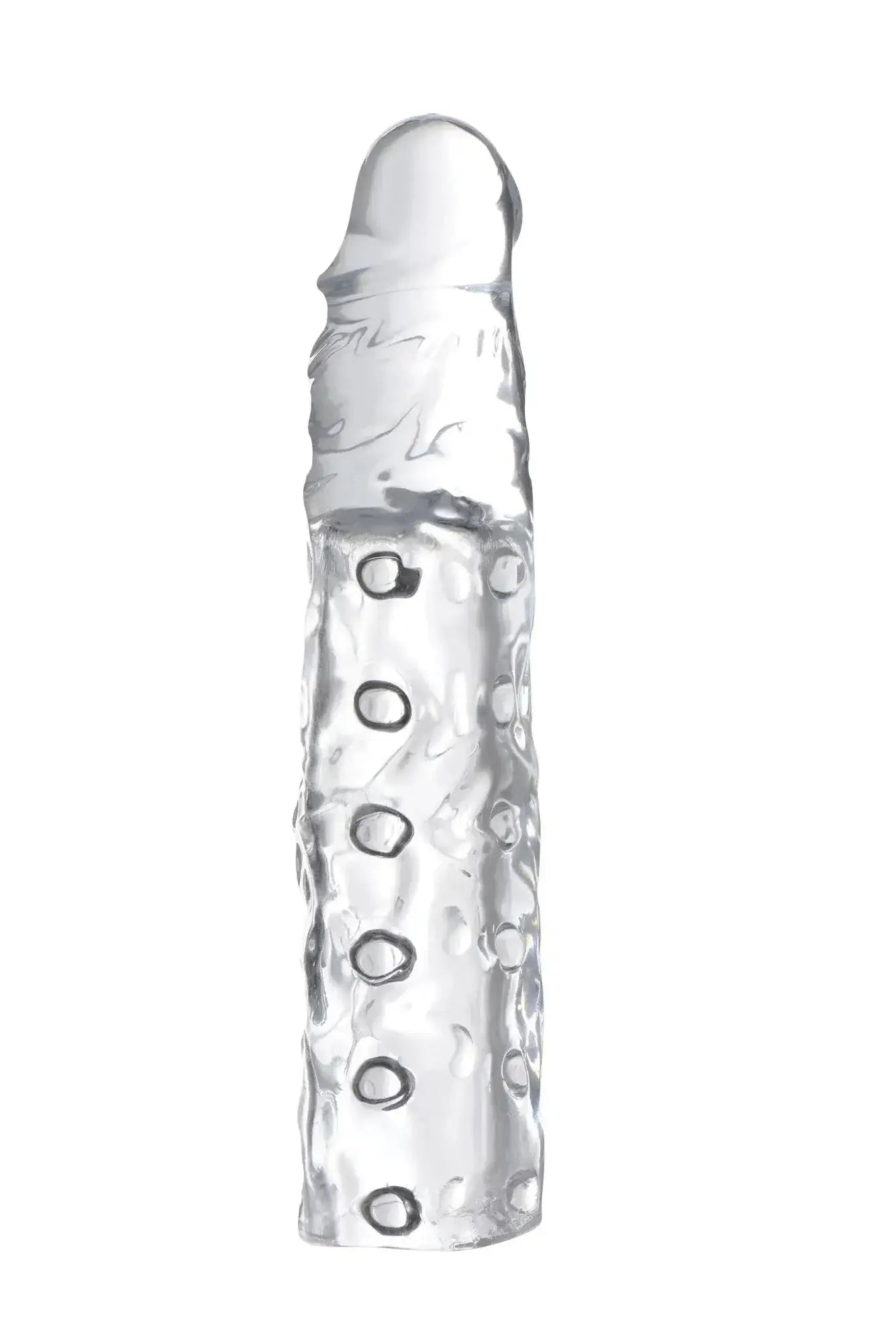 Clear transparent silicone dildo with textured surface and circular indentations from size matters 3in penis enhancer sleeve