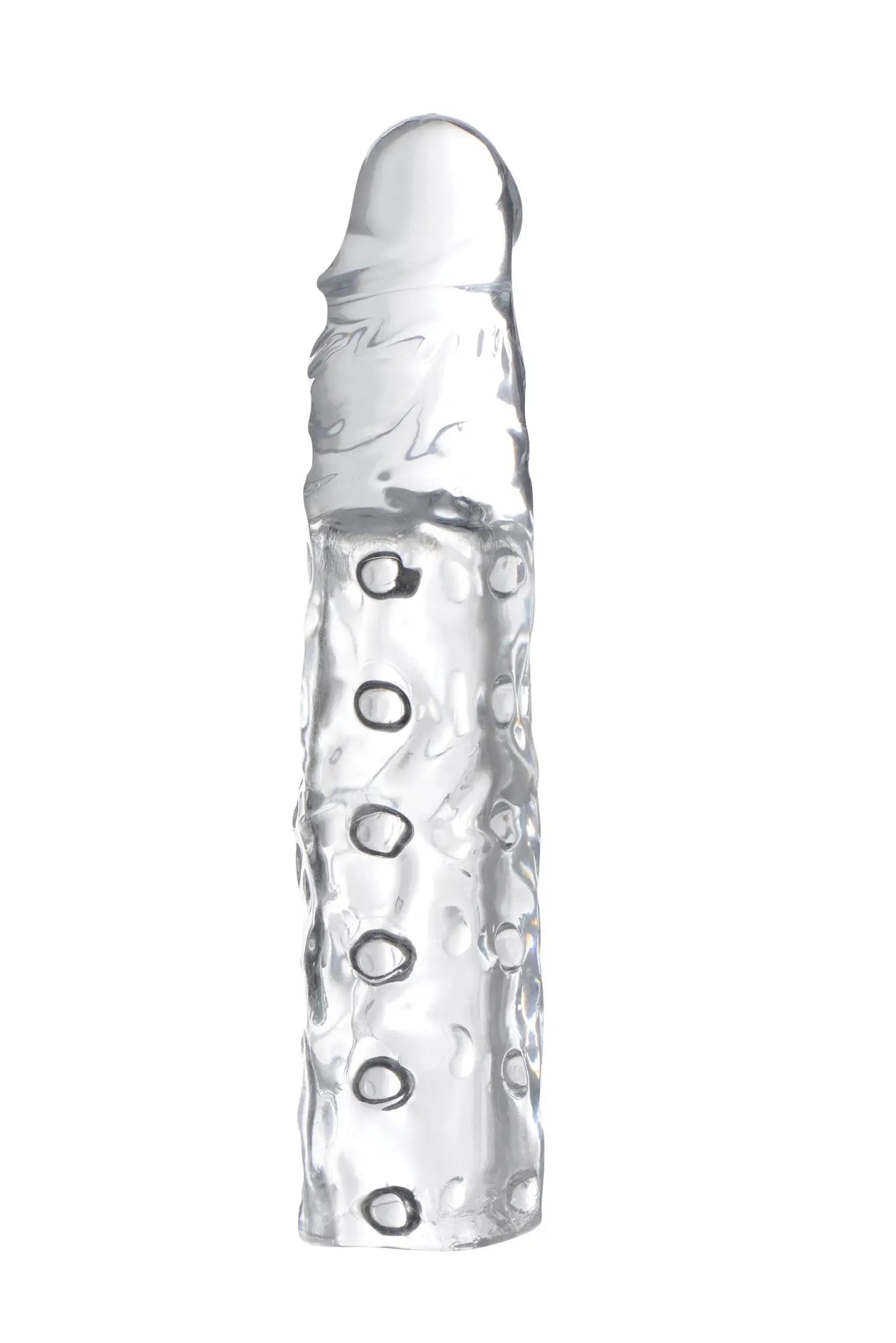 Clear transparent silicone dildo with textured surface and circular indentations from size matters 3in penis enhancer sleeve