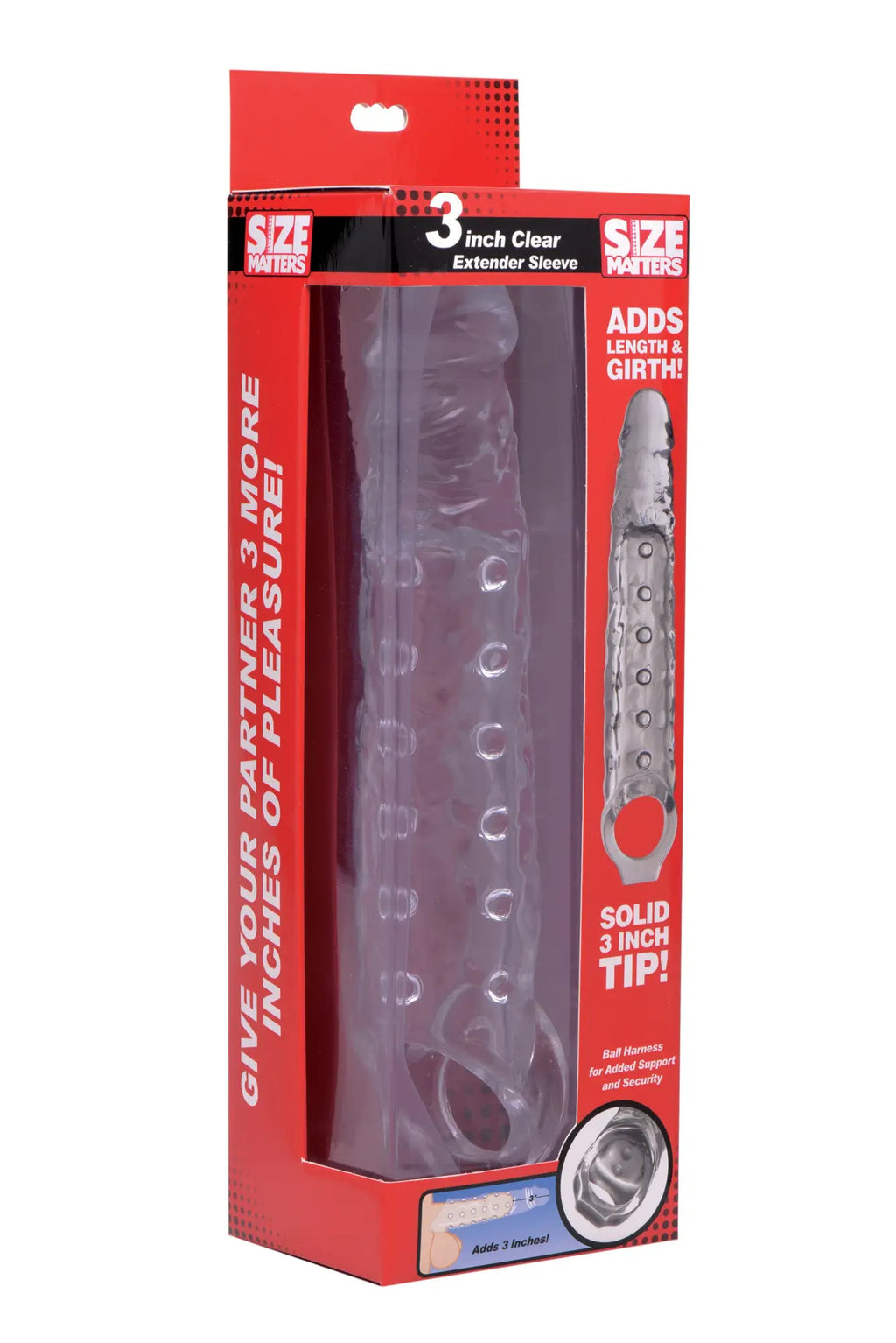 Clear plastic size matters 3in extender sleeve with solid metal tip packaged in red and black branding
