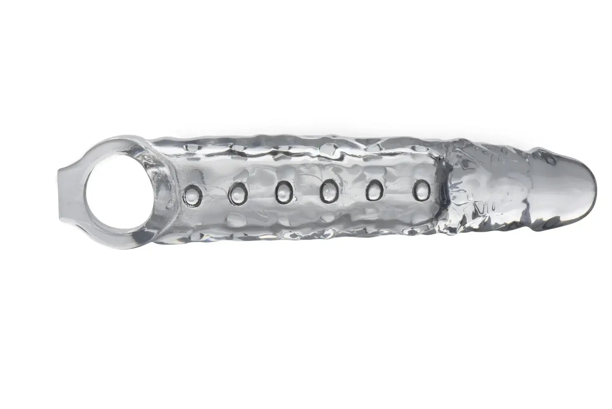 Silver textured metallic dildo cover with circular ring and five oval holes in size matters 3in extender sleeve clear