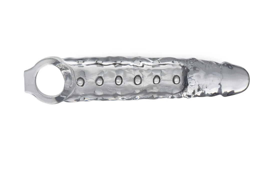 Silver textured metallic dildo cover with circular ring and five oval holes in size matters 3in extender sleeve clear
